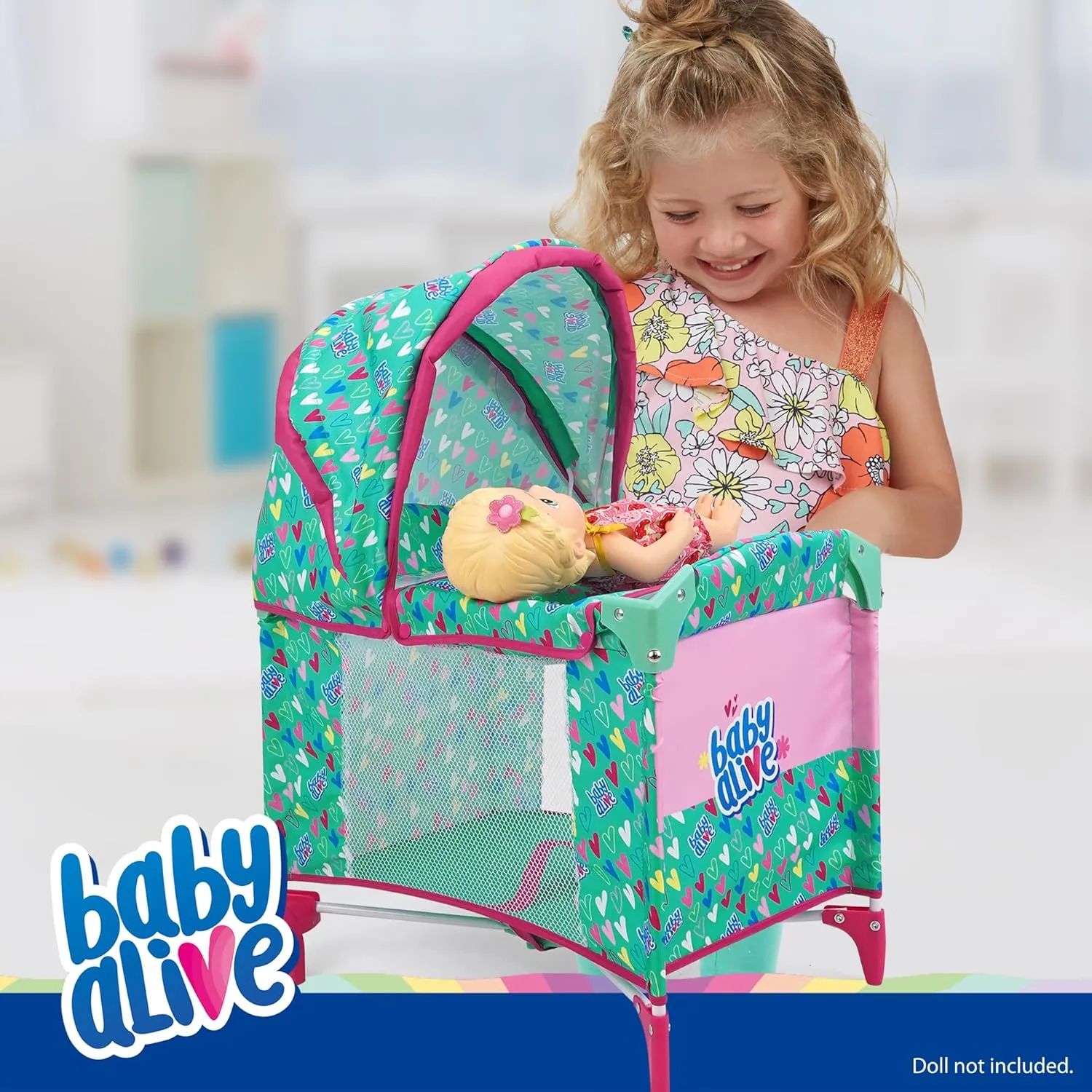 Baby Alive: Deluxe Doll Play Yard - Green, Pink, Hearts - Accessory for Dolls Up to 18", Folding, Wheeled Crib, Adjustable Canopy, Kids Toy, Ages 3 