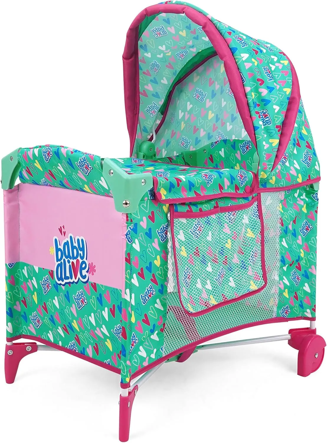 Baby Alive: Deluxe Doll Play Yard - Green, Pink, Hearts - Accessory for Dolls Up to 18", Folding, Wheeled Crib, Adjustable Canopy, Kids Toy, Ages 3 