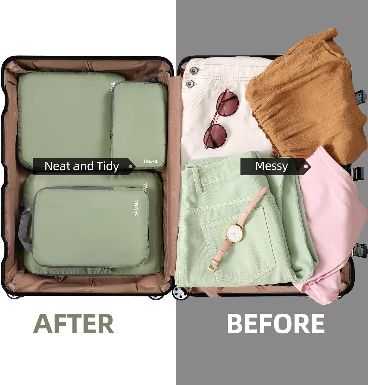 BAGAIL 4 Set/6 Set/8 Set Compression Packing Cubes Travel Accessories Expandable Packing Organizers(Matcha Green ClothPattern 4 Set)
