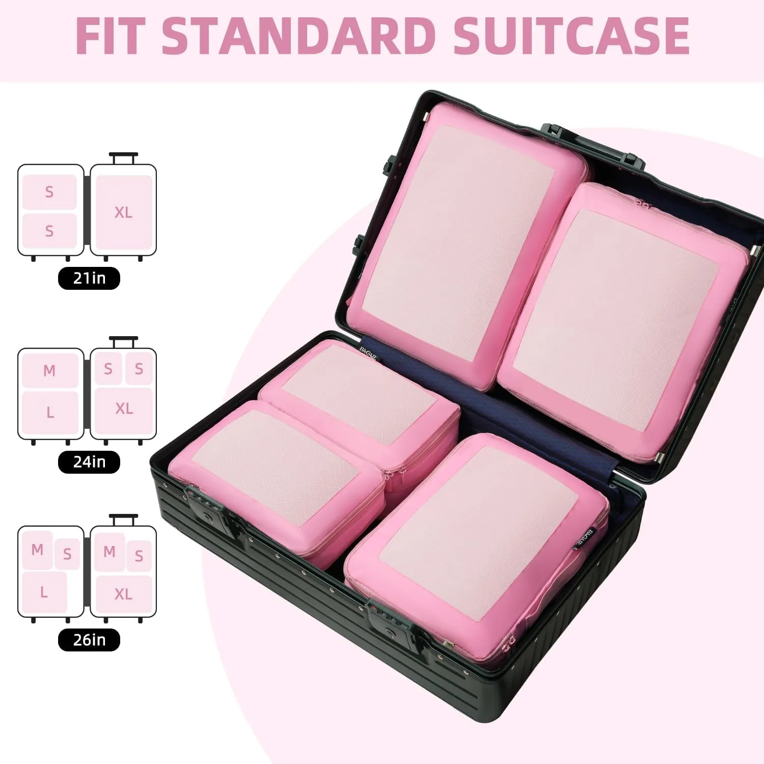 BAGAIL 4 Set/6 Set/8 Set Compression Packing Cubes Travel Accessories Expandable Packing Organizers(Pink SquareMesh 6 Set)