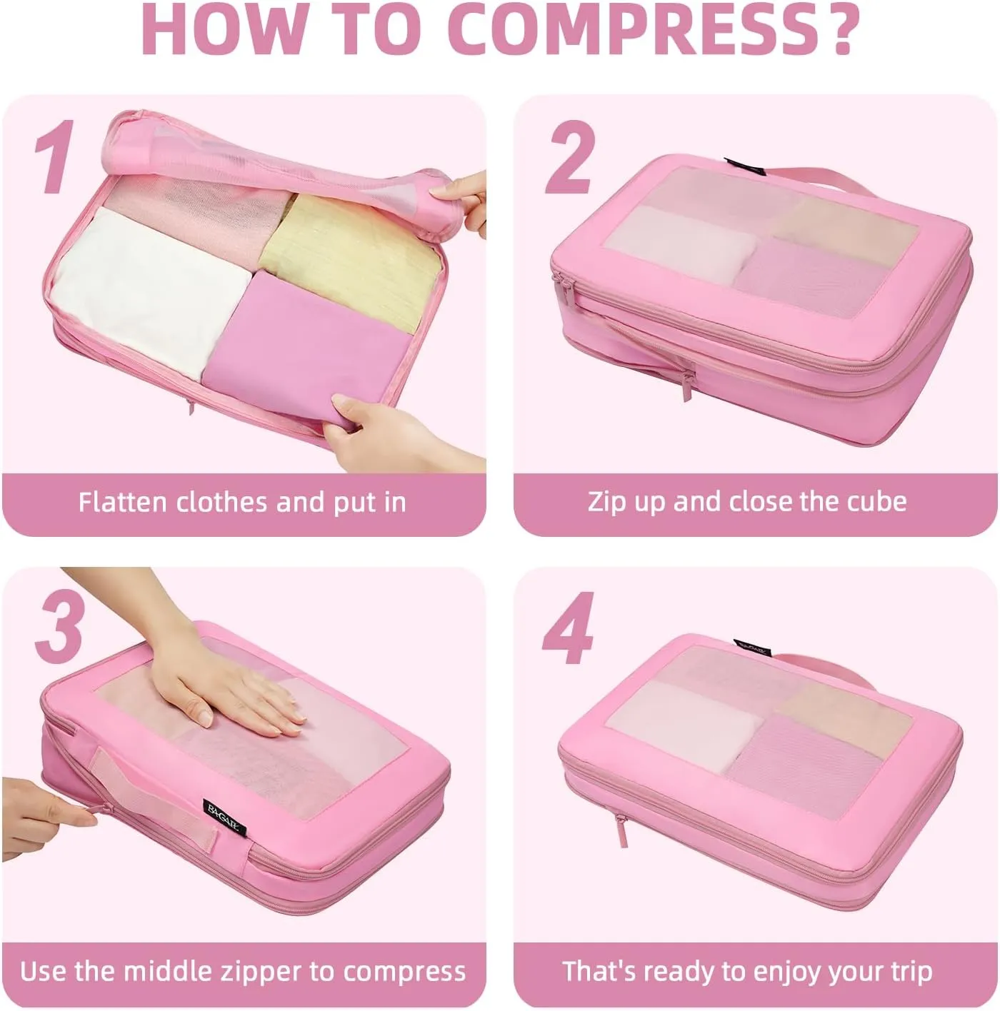 BAGAIL 4 Set/6 Set/8 Set Compression Packing Cubes Travel Accessories Expandable Packing Organizers(Pink SquareMesh 6 Set)