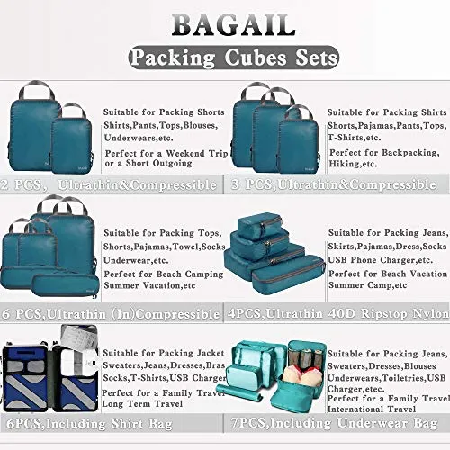 Bagail 6 Set Packing Cubes, 3 Various Sizes Travel Organizers, Navy