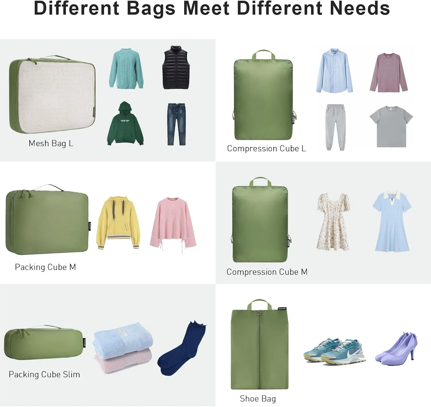 Bagail Ultralight Compression Cubes 7 Set - 3 Packing Cubes, 3 Organizers, and 1 Shoe Bag