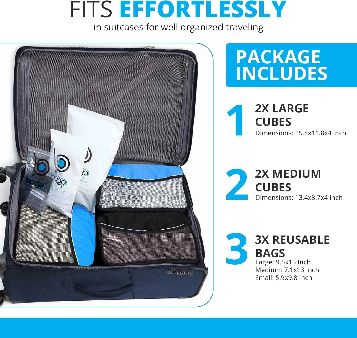 Bago Packing Cubes for Suitcases - 7Pcs Luggage & Suitcase Organiser Bags Set - Compression Packing Cubes for Travel Accessories Essentials - 4 Cubes plus 3 Sealed ZipBags (Blue), Blue, 4pcs Set,