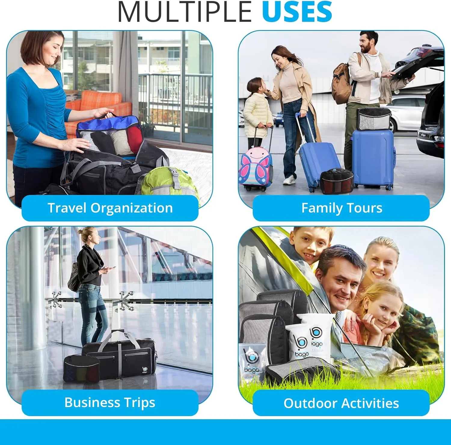 Bago Packing Cubes for Suitcases - 7Pcs Luggage & Suitcase Organiser Bags Set - Compression Packing Cubes for Travel Accessories Essentials - 4 Cubes plus 3 Sealed ZipBags (Blue), Blue, 4pcs Set,