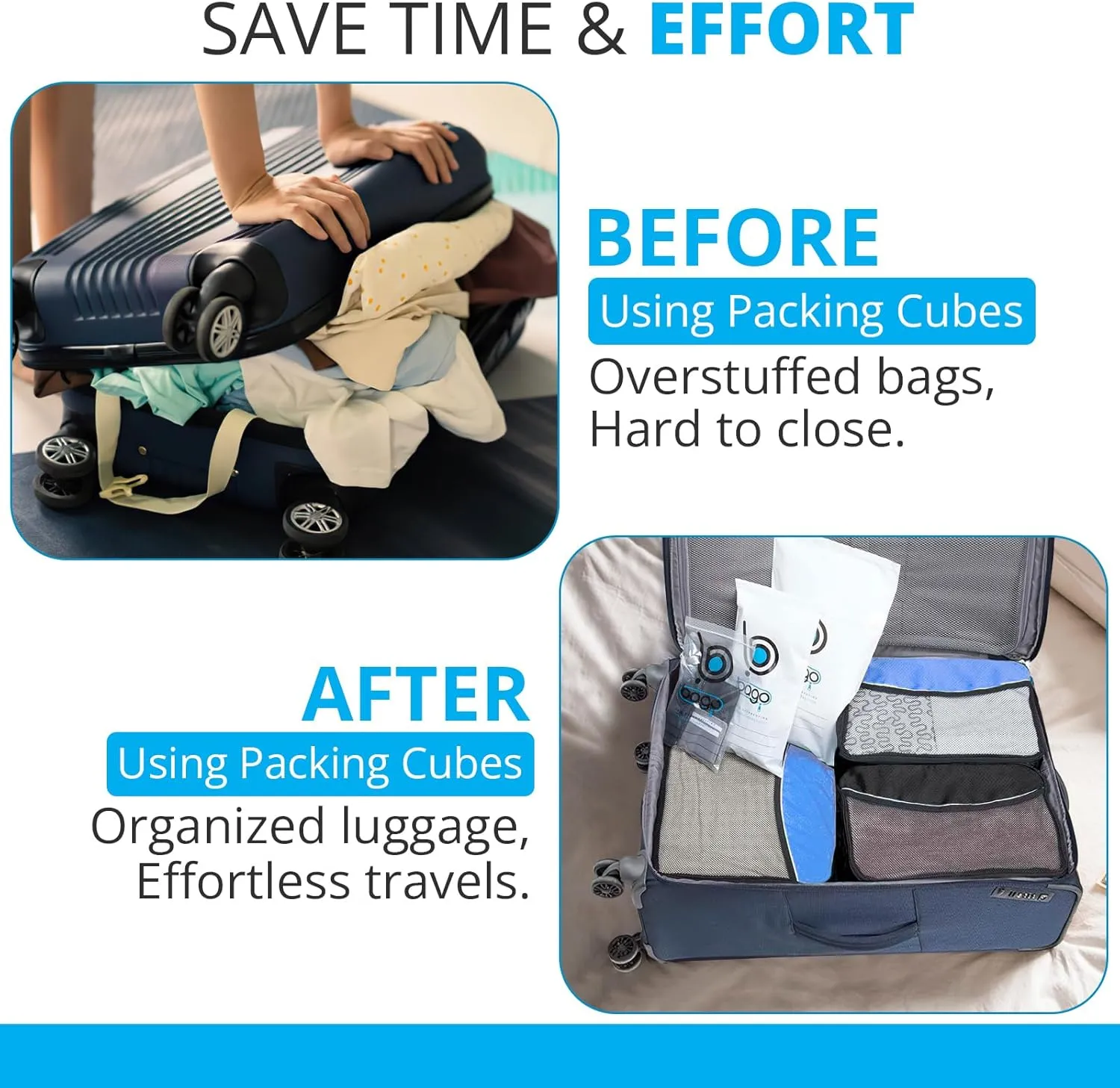Bago Packing Cubes for Suitcases - 7Pcs Luggage & Suitcase Organiser Bags Set - Compression Packing Cubes for Travel Accessories Essentials - 4 Cubes plus 3 Sealed ZipBags (Blue), Blue, 4pcs Set,