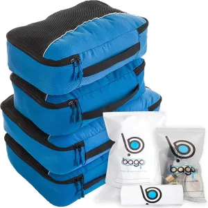 Bago Packing Cubes for Suitcases - 7Pcs Luggage & Suitcase Organiser Bags Set - Compression Packing Cubes for Travel Accessories Essentials - 4 Cubes plus 3 Sealed ZipBags (Blue), Blue, 4pcs Set,