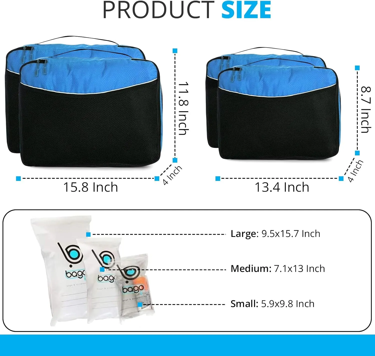 Bago Packing Cubes for Suitcases - 7Pcs Luggage & Suitcase Organiser Bags Set - Compression Packing Cubes for Travel Accessories Essentials - 4 Cubes plus 3 Sealed ZipBags (Blue), Blue, 4pcs Set,