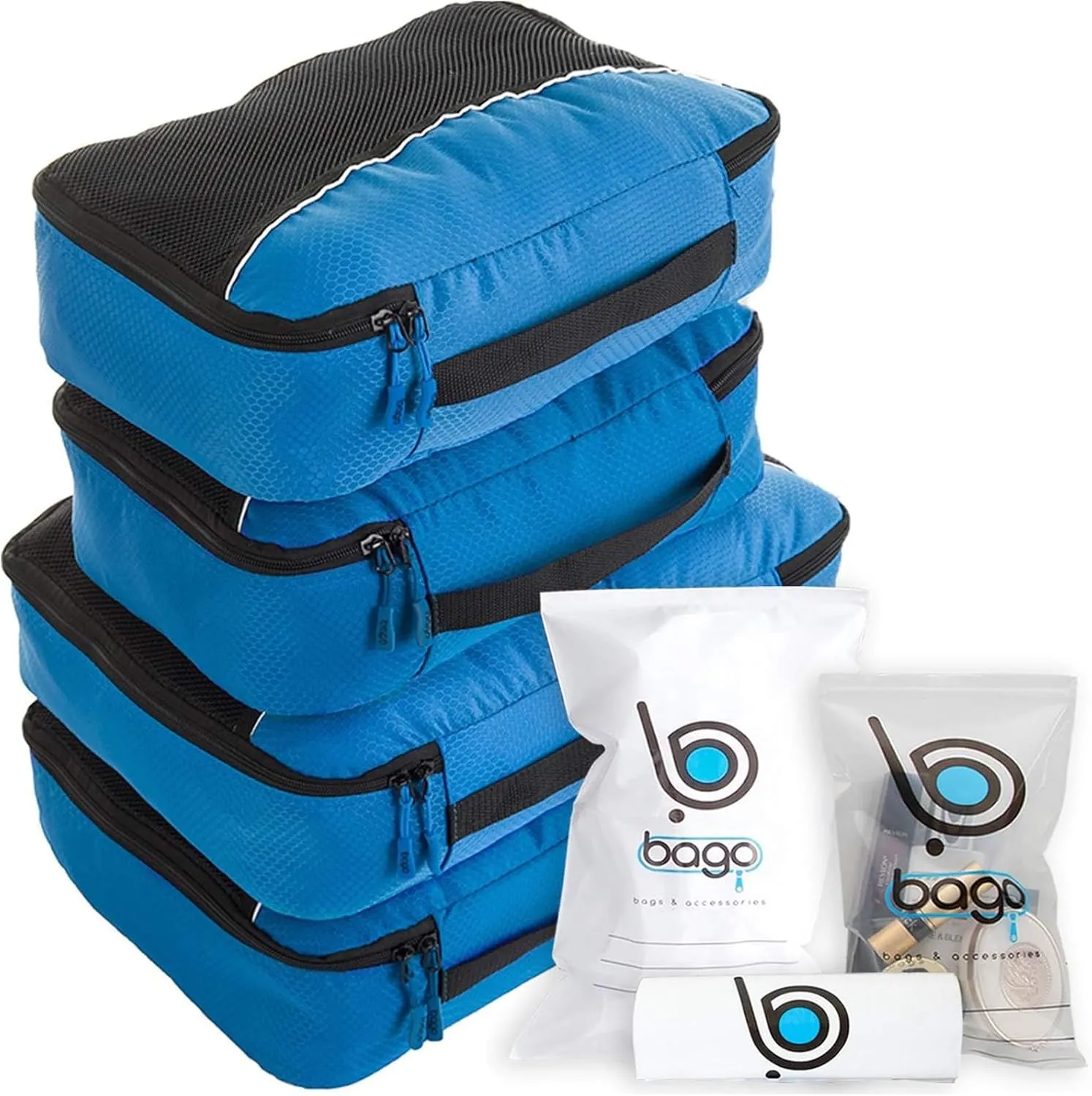 Bago Packing Cubes for Suitcases - 7Pcs Luggage & Suitcase Organiser Bags Set - Compression Packing Cubes for Travel Accessories Essentials - 4 Cubes plus 3 Sealed ZipBags (Blue), Blue, 4pcs Set,