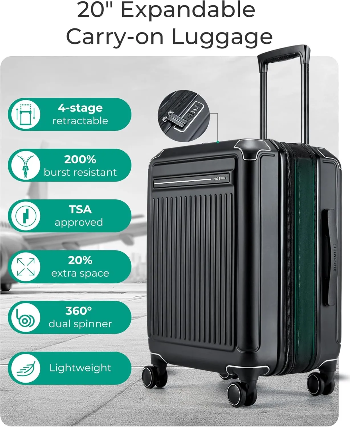 BAGSMART 20 inch Carry on Luggage with Spinner Wheel, Lightweight Carry on Suitcase TSA Lock, Hard Shell Carry on Luggage 22 x14x9 Airline Approved Travel Suitcase, Blue