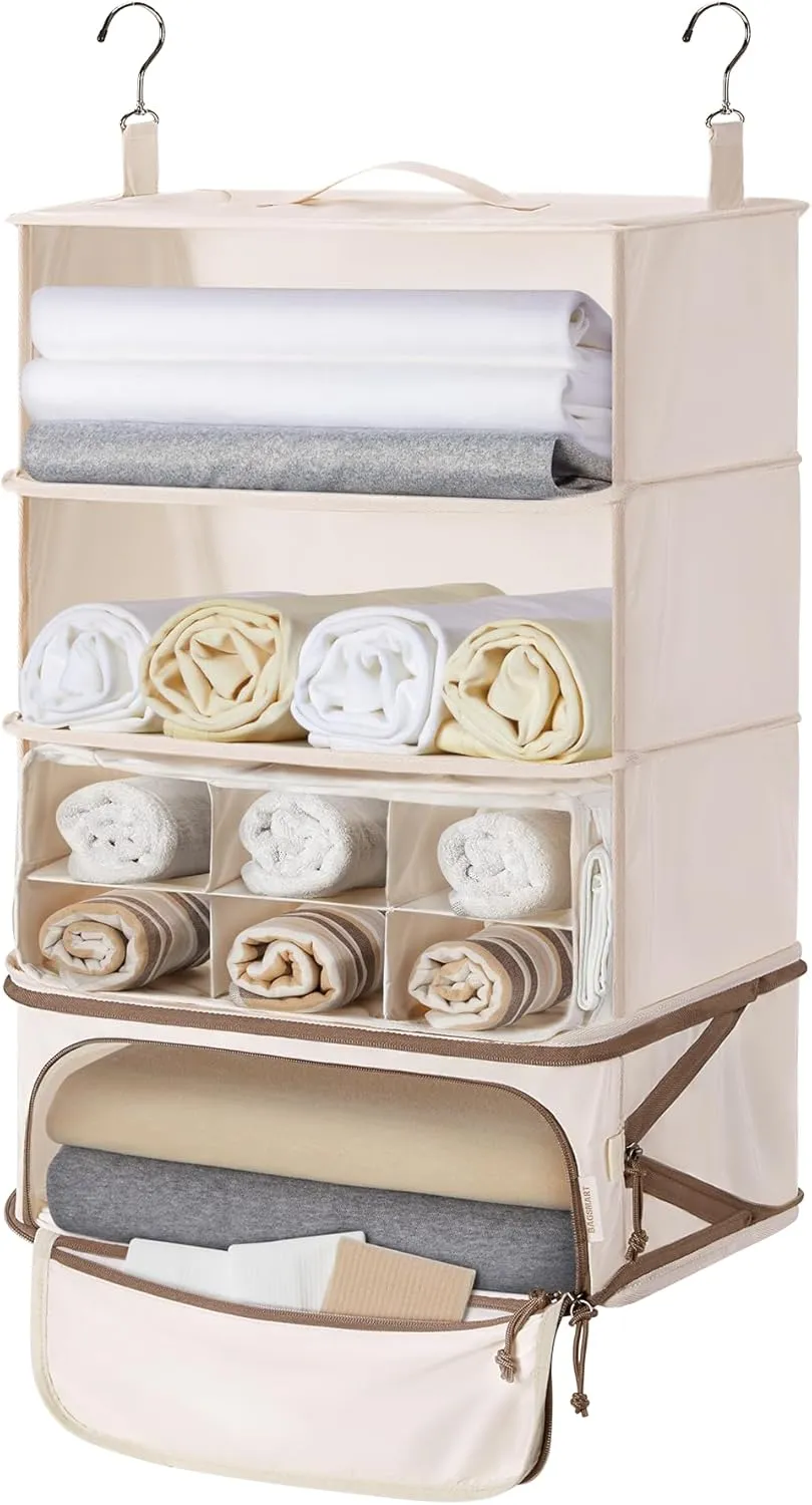 BAGSMART 4-Shelf Hanging Closet Organizer for Cruise Ship Essentials, Large Capacity Packing Cubes for Women Travel, Foldable Closet Organizer for Bathroom/Closet Storage