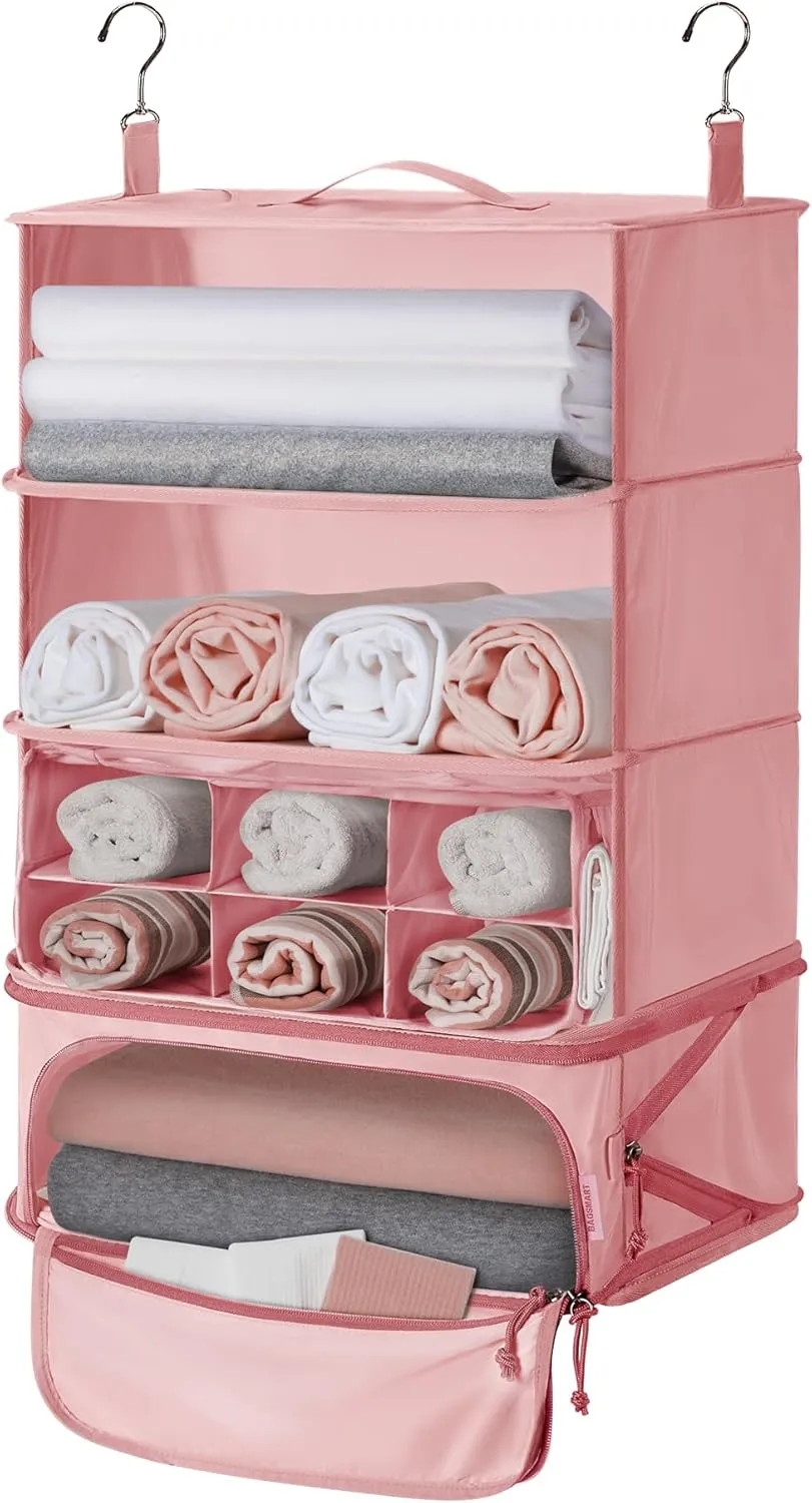 BAGSMART 4-Shelf Hanging Closet Organizer for Cruise Ship Essentials, Large Capacity Packing Cubes for Women Travel, Foldable Closet Organizer for Bathroom/Closet Storage