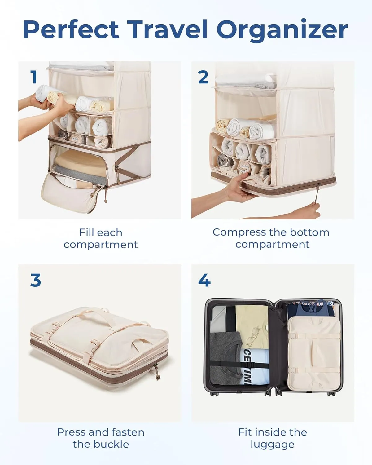 BAGSMART 4-Shelf Hanging Closet Organizer for Cruise Ship Essentials, Large Capacity Packing Cubes for Women Travel, Foldable Closet Organizer for Bathroom/Closet Storage