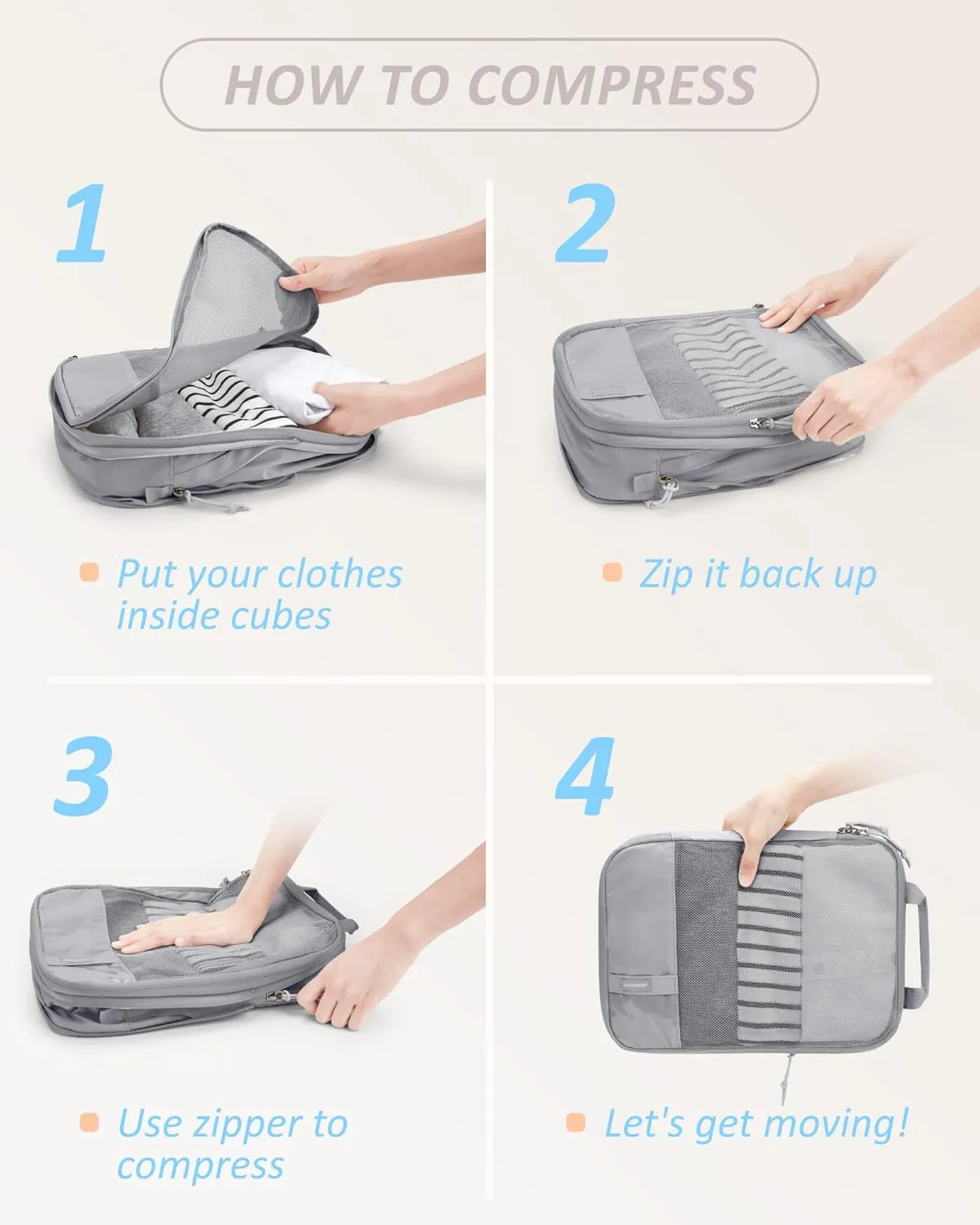 BAGSMART 6 Set Compression Packing Cubes - Lightweight Travel Essentials, Durable Luggage Organizer