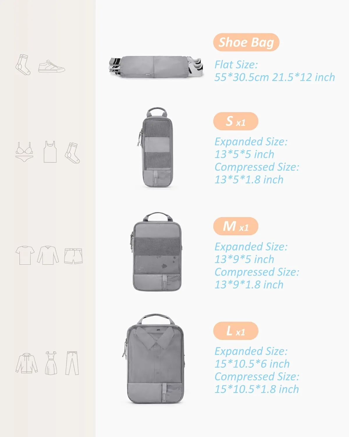 BAGSMART 6 Set Compression Packing Cubes - Lightweight Travel Essentials, Durable Luggage Organizer