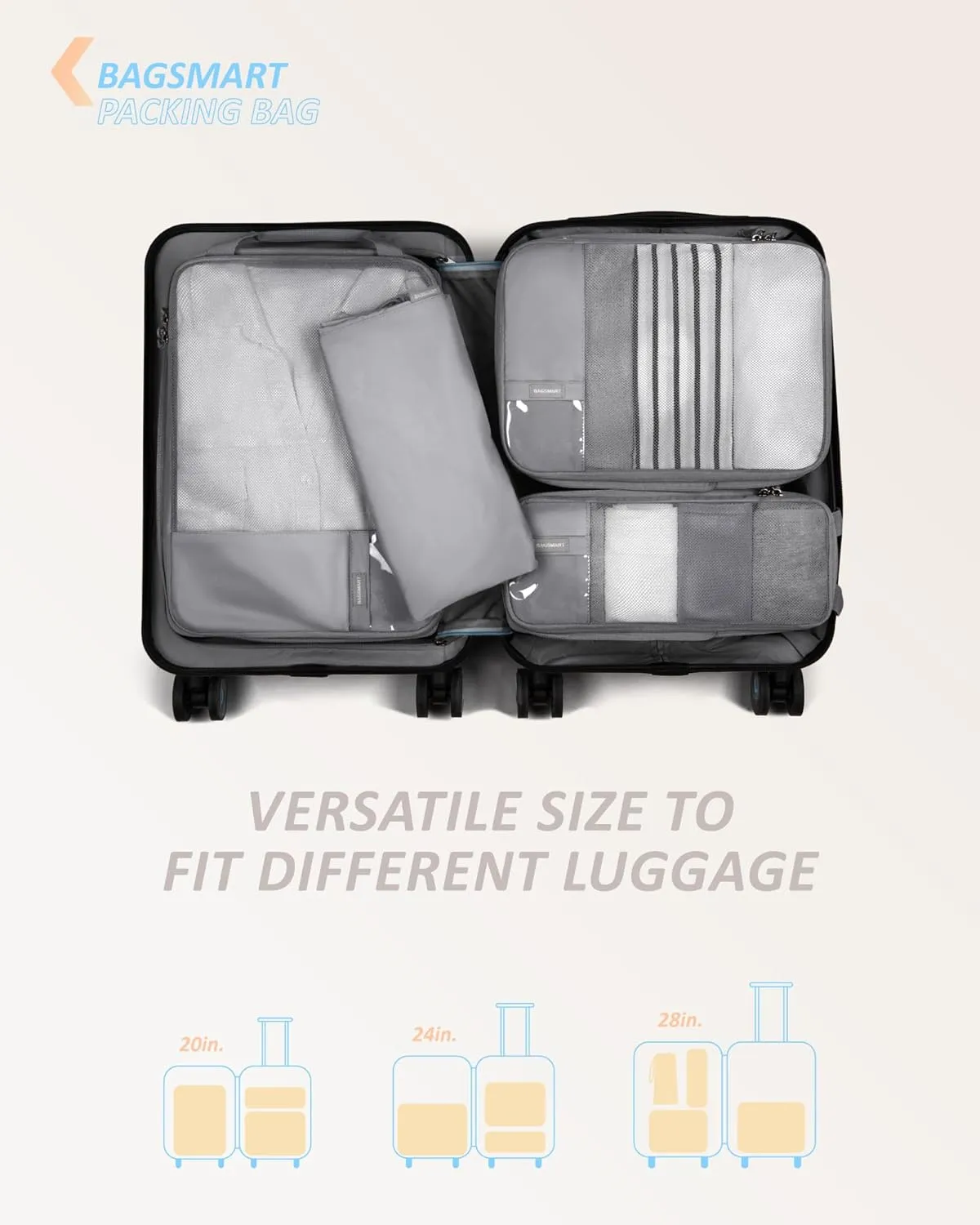 BAGSMART 6 Set Compression Packing Cubes - Lightweight Travel Essentials, Durable Luggage Organizer