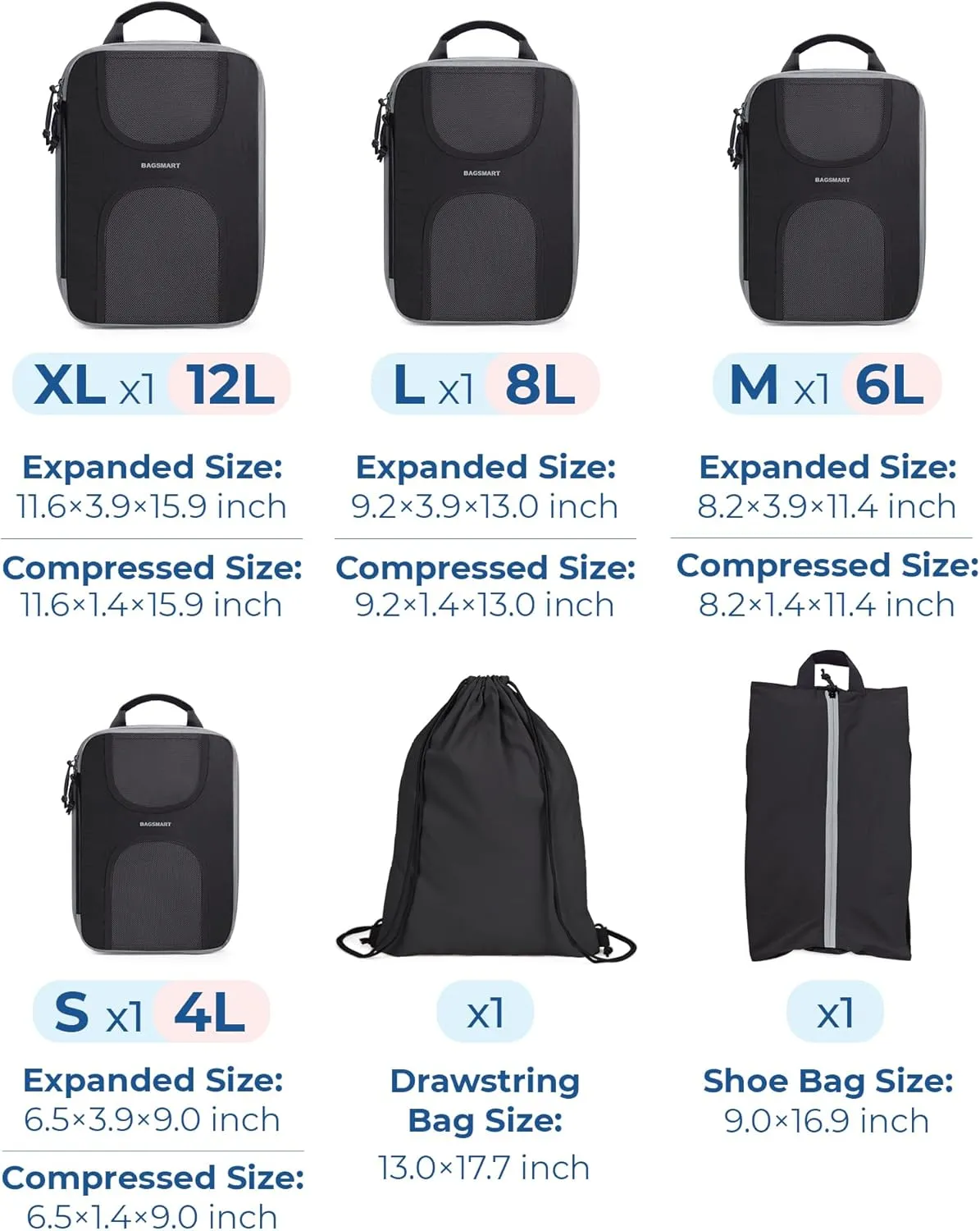 BAGSMART 6 Set Packing Cubes for Suitcases, Lightweight Suitcase Organizers & Compression Travel Cubes