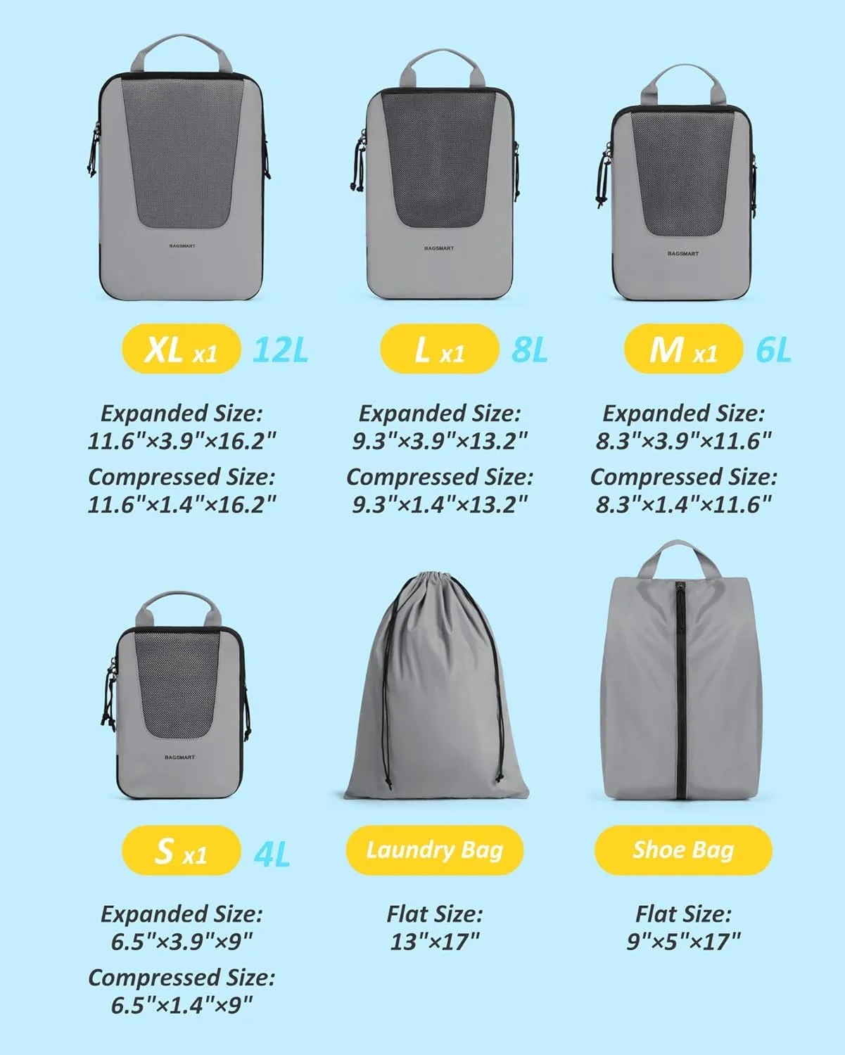 BAGSMART Compression Packing Cubes for Travel, 6 Set/4 Set Packing Cubes for Suitcases, Compression Suitcase Organizer Bags Set for Travel Essentials, Lightweight Packing Organizers