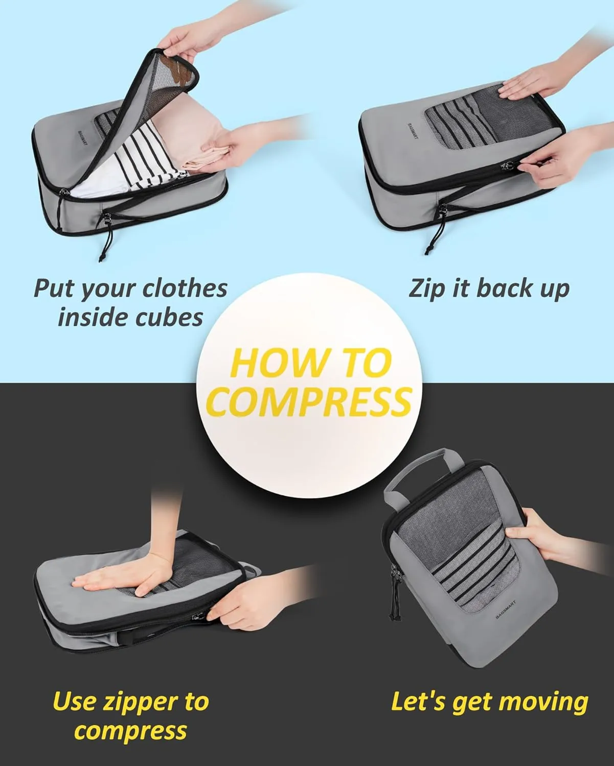 BAGSMART Compression Packing Cubes for Travel, 6 Set/4 Set Packing Cubes for Suitcases, Compression Suitcase Organizer Bags Set for Travel Essentials, Lightweight Packing Organizers