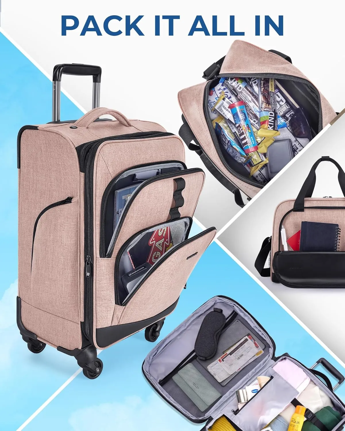 BAGSMART Expandable Carry on Luggage Airline Approved, Lightweight Carry on Suitcase with Spinner Wheels, Family Travel Suitcase with Duffle Bag - Pink
