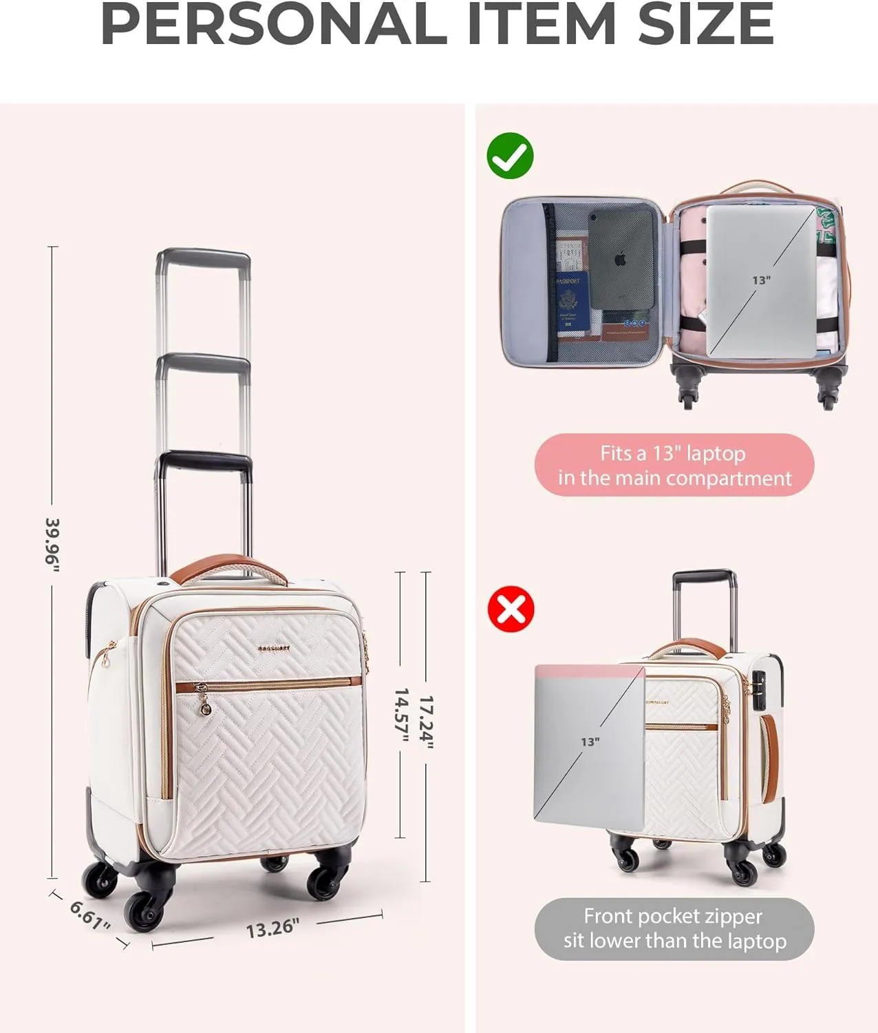 BAGSMART Underseat Carry On luggage Airline Approved, 16-inch Small Softside Underseater Travel Suitcase with Spinner Wheels Overnight Bag Small Rolling Carry-on for Women Men Weekender,Beige