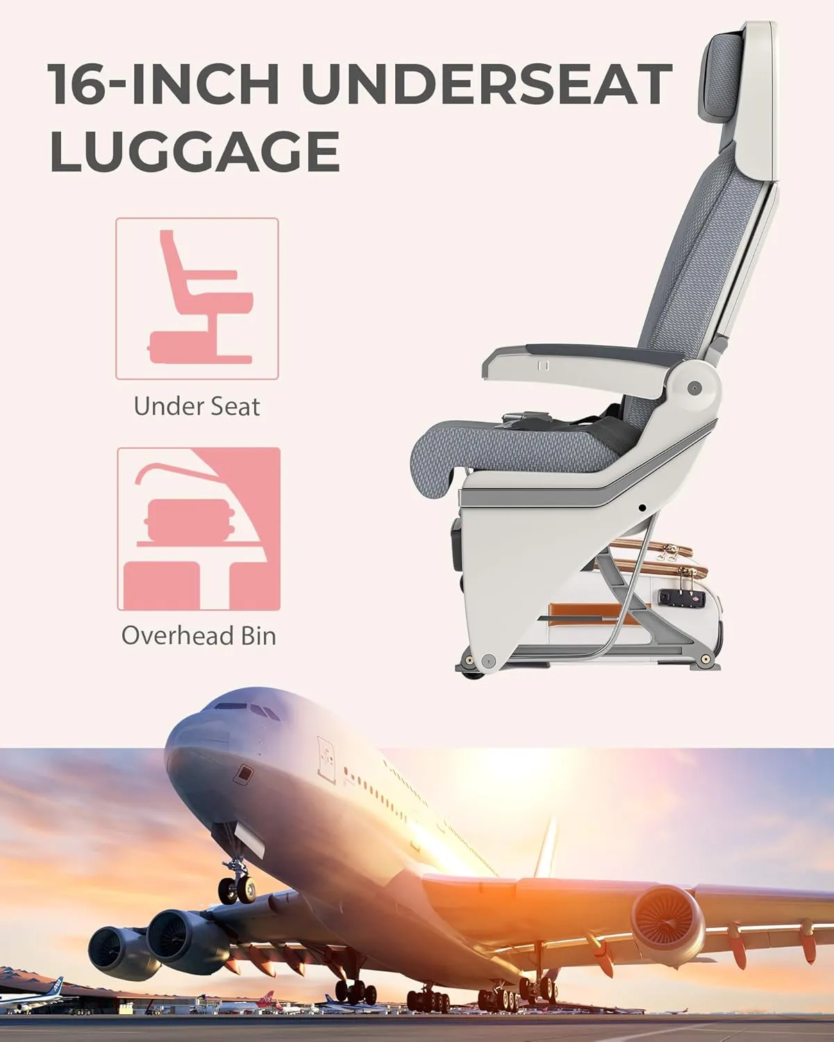 BAGSMART Underseat Carry On luggage Airline Approved, 16-inch Small Softside Underseater Travel Suitcase with Spinner Wheels Overnight Bag Small Rolling Carry-on for Women Men Weekender,Beige
