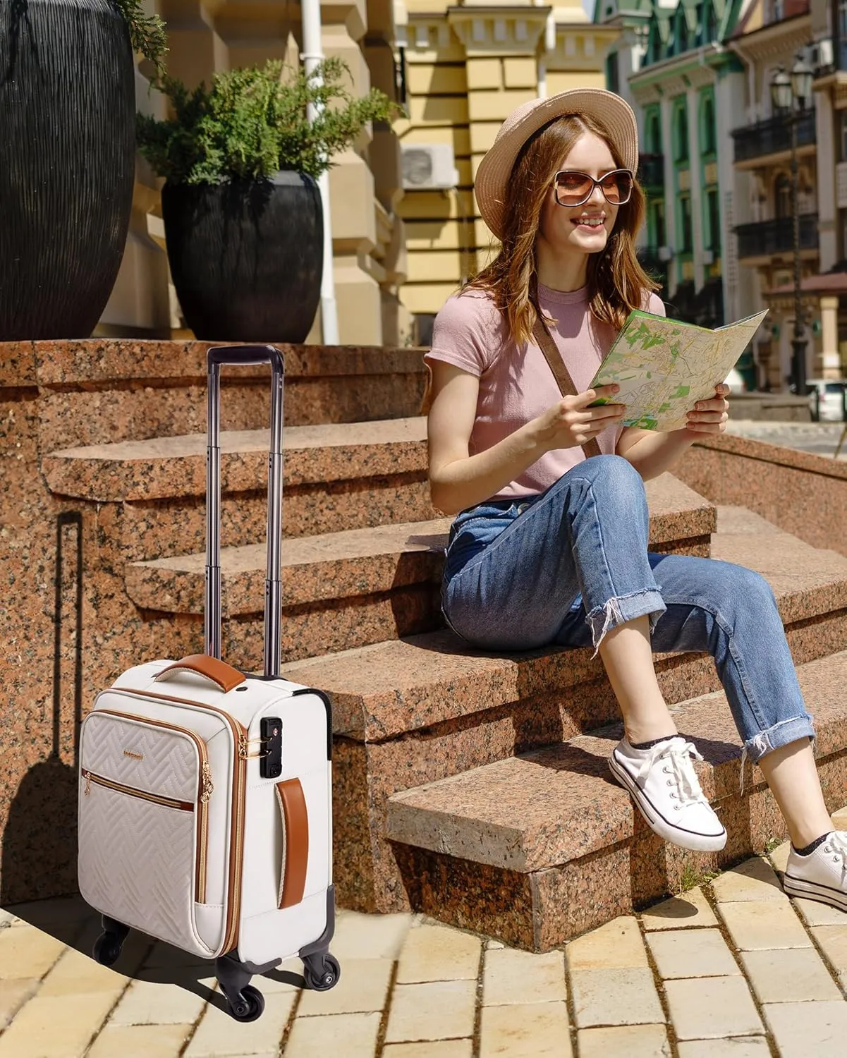 BAGSMART Underseat Carry On luggage Airline Approved, 16-inch Small Softside Underseater Travel Suitcase with Spinner Wheels Overnight Bag Small Rolling Carry-on for Women Men Weekender,Beige