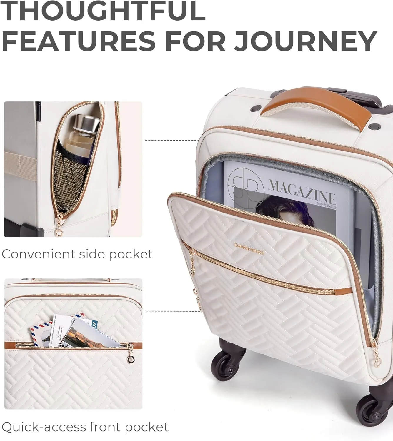 BAGSMART Underseat Carry On luggage Airline Approved, 16-inch Small Softside Underseater Travel Suitcase with Spinner Wheels Overnight Bag Small Rolling Carry-on for Women Men Weekender,Beige