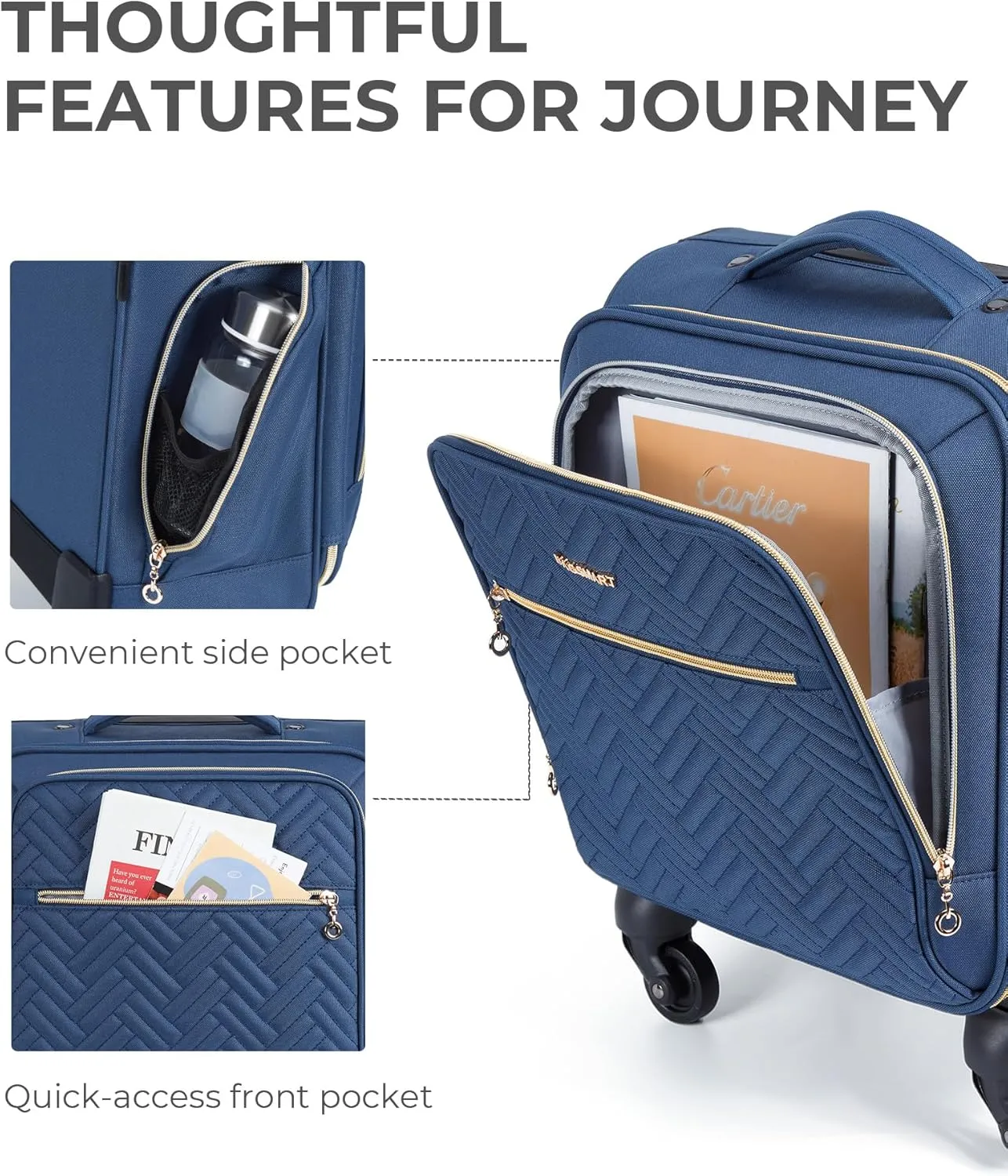 BAGSMART Underseat Carry On luggage Airline approved, 16-inch Softside Underseater Travel Suitcase with Spinner Wheels Lightweight Overnight Bag Small Rolling Carry-on for Women Men,Dark Blue