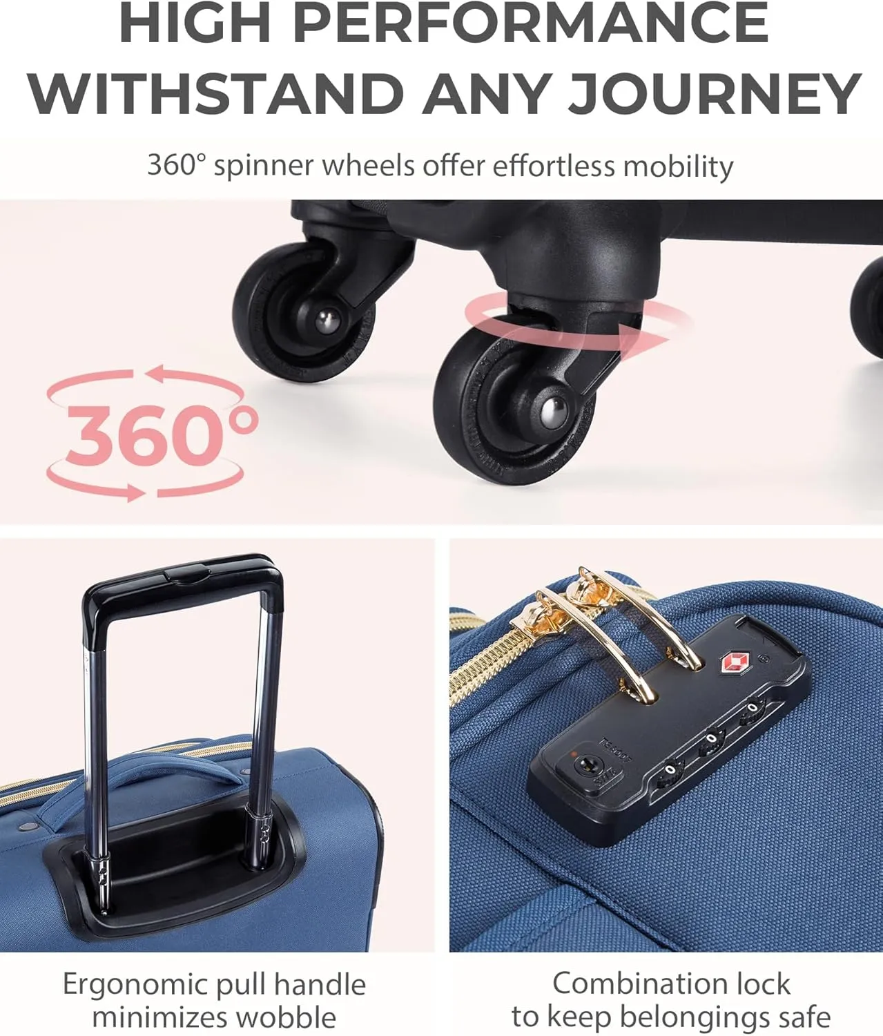 BAGSMART Underseat Carry On luggage Airline approved, 16-inch Softside Underseater Travel Suitcase with Spinner Wheels Lightweight Overnight Bag Small Rolling Carry-on for Women Men,Dark Blue
