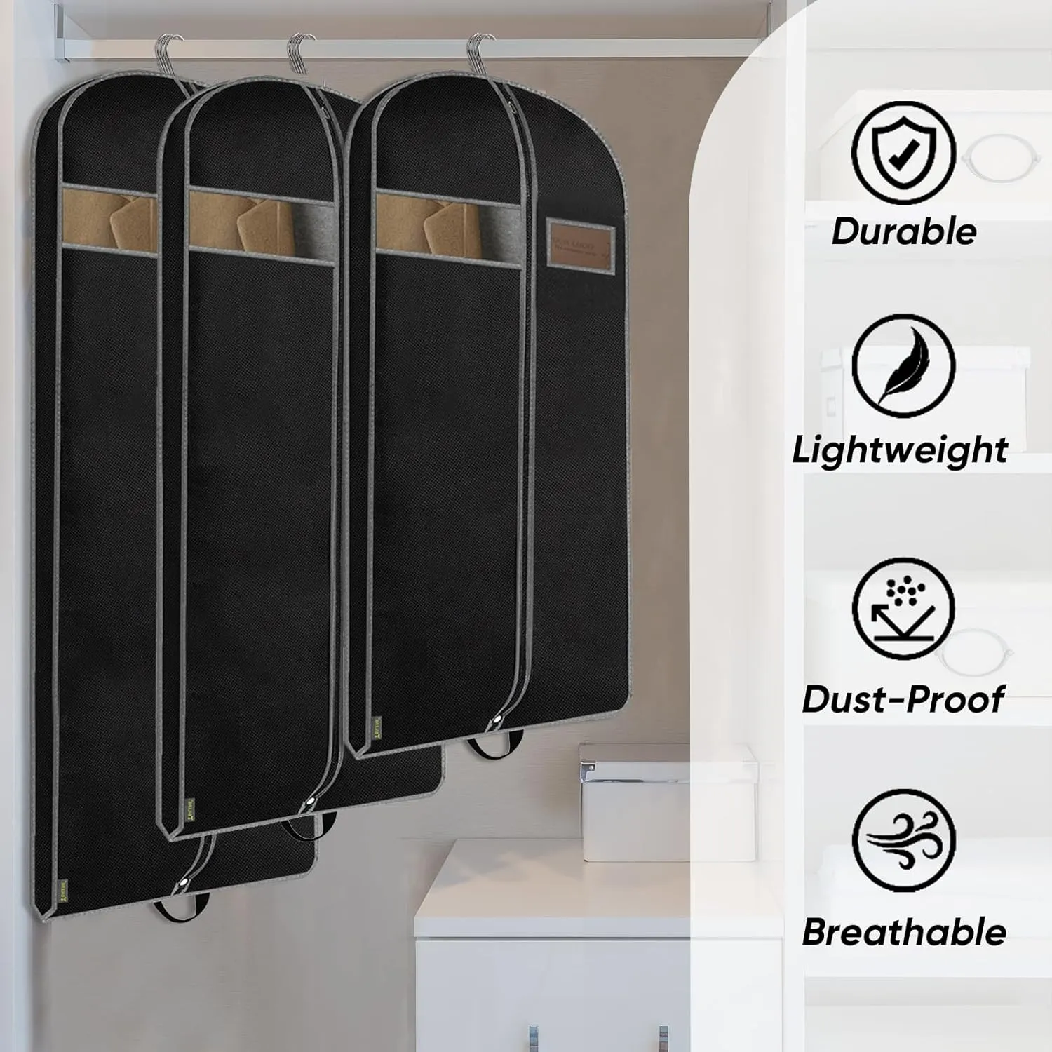 BALEINE 2PK Heavy Duty Garment Bag with Shoe Storage Travel Bag for Dresses, Suit, Coats Travel Essential (43", Black)