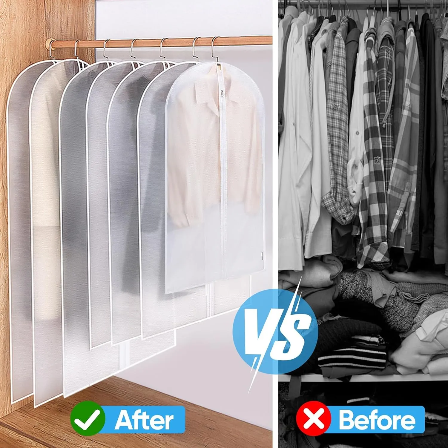 BALEINE 48'' Translucent Garment Bags, 6 Packs PEVA Dress Bag for Closet Clothes Dresses Suit Coats Storage (White, 6PK)
