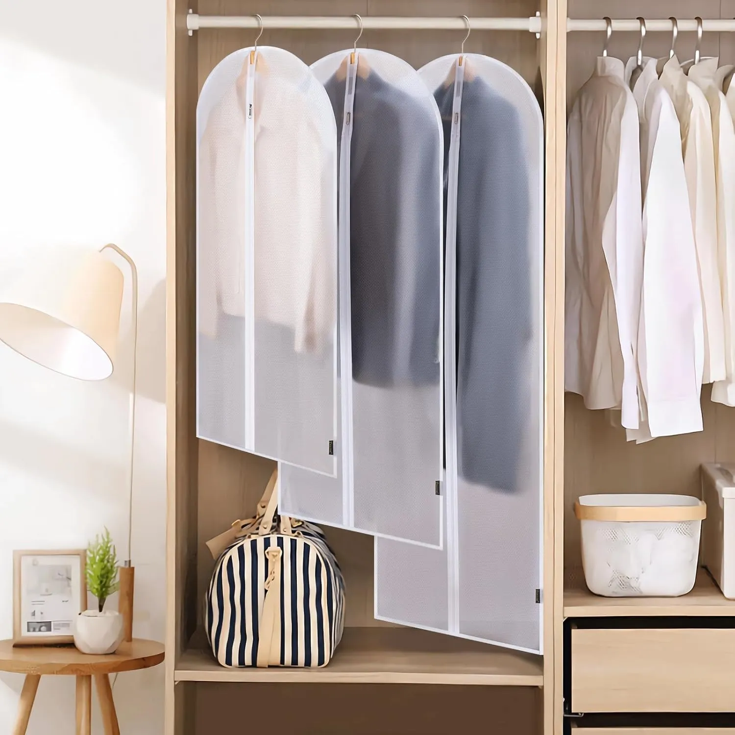 BALEINE 48'' Translucent Garment Bags, 6 Packs PEVA Dress Bag for Closet Clothes Dresses Suit Coats Storage (White, 6PK)