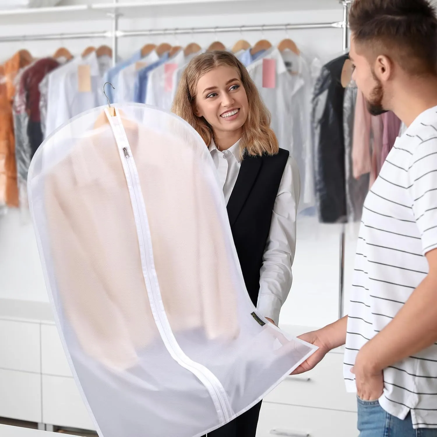 BALEINE 48'' Translucent Garment Bags, 6 Packs PEVA Dress Bag for Closet Clothes Dresses Suit Coats Storage (White, 6PK)