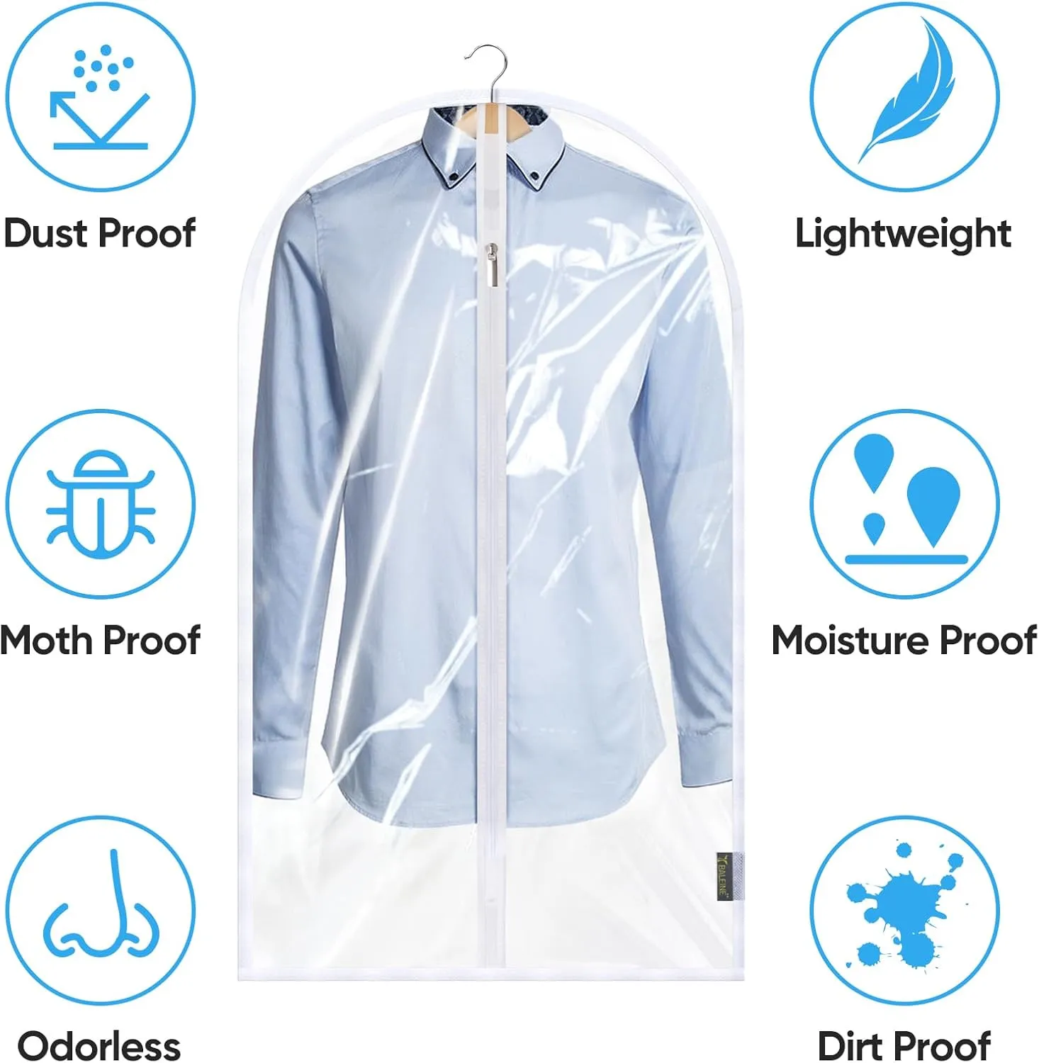 BALEINE 60'' Clear Garment Bags, 6 Packs PEVA Dress Bag for Closet Clothes Dresses Suit Coats Storage (Clear, 6PK)