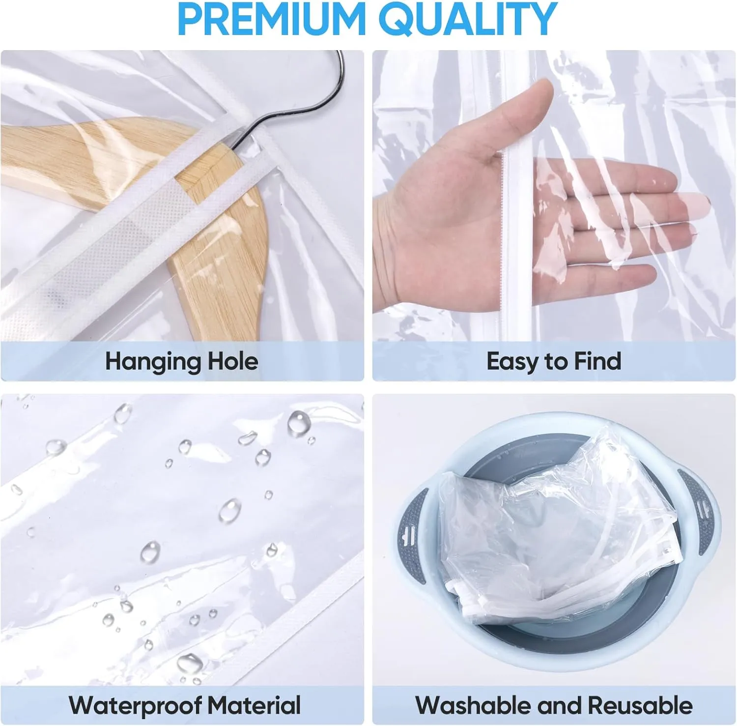 BALEINE 60'' Clear Garment Bags, 6 Packs PEVA Dress Bag for Closet Clothes Dresses Suit Coats Storage (Clear, 6PK)