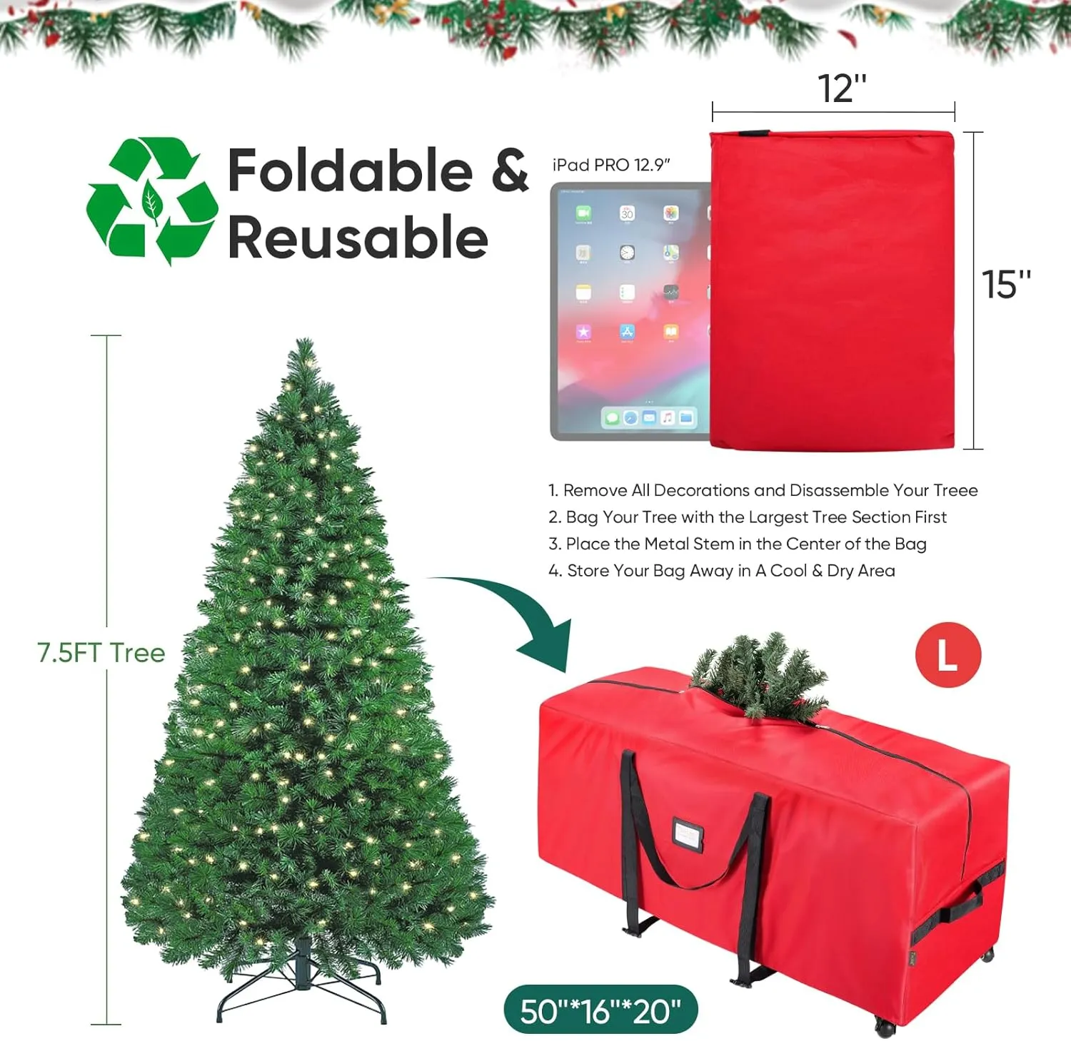 BALEINE 7.5 ft Rolling Christmas Tree Storage Bag, 2 Swivel Wheels for Easy Moving, Heavy Duty 600D Oxford Fabric Extra Large Artificial Christmas Tree Bag with Reinforced Carry Handles (Red)