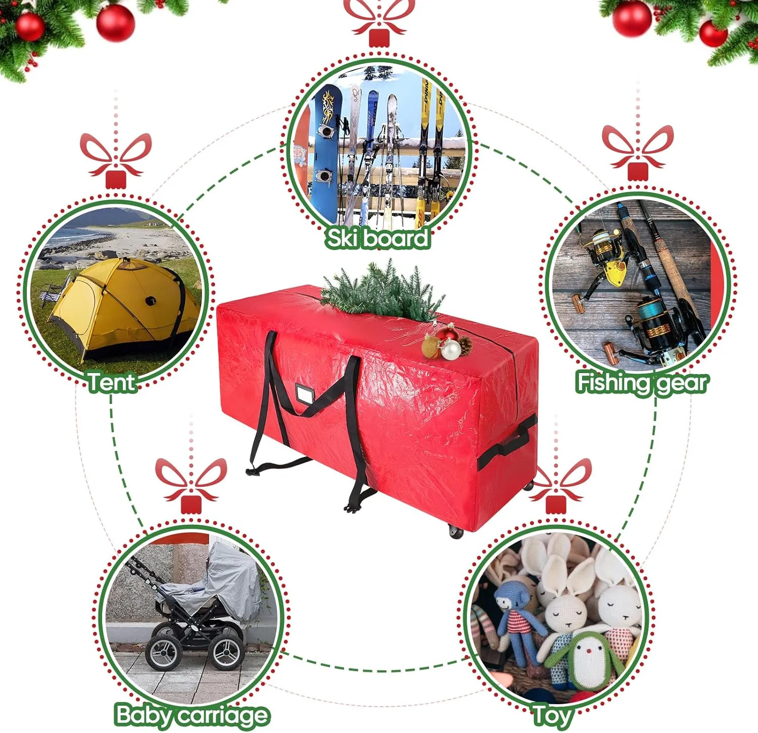 BALEINE 7.5 ft Rolling Christmas Tree Storage Bag, 2 Swivel Wheels for Easy Moving, Heavy Duty Extra Large Artificial Christmas Tree Bag with Reinforced Carry Handles and Fixed Buckle (Green)