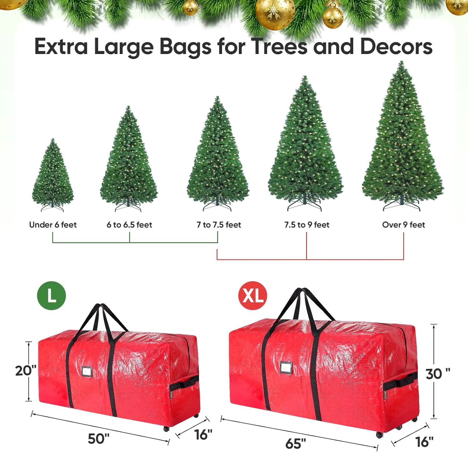 BALEINE 7.5 ft Rolling Christmas Tree Storage Bag, 2 Swivel Wheels for Easy Moving, Heavy Duty Extra Large Artificial Christmas Tree Bag with Reinforced Carry Handles and Fixed Buckle (Grey)