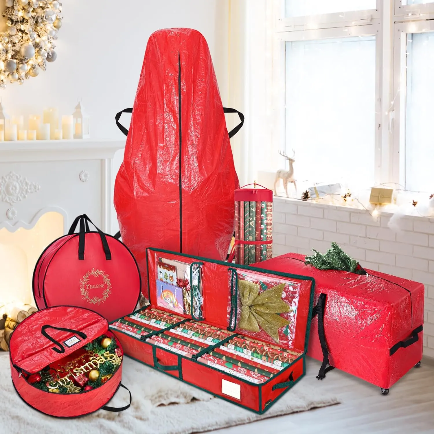 BALEINE 7.5 ft Rolling Christmas Tree Storage Bag, 2 Swivel Wheels for Easy Moving, Heavy Duty Extra Large Artificial Christmas Tree Bag with Reinforced Carry Handles and Fixed Buckle (Red)