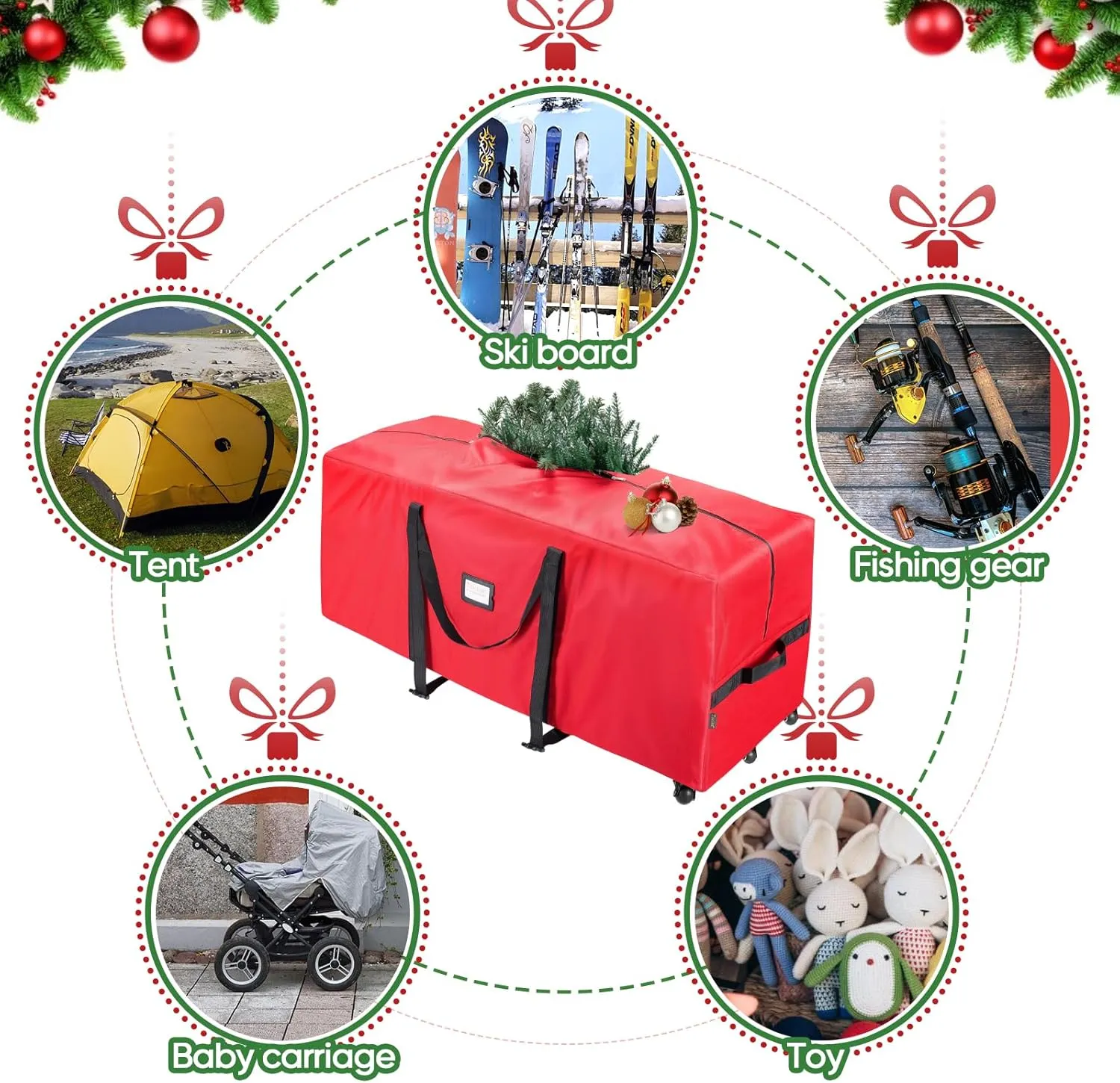 BALEINE 9 ft Rolling Christmas Tree Storage Bag, 3 Swivel Wheels for Easy Moving, Heavy Duty 600D Oxford Fabric Extra Large Artificial Christmas Tree Bag with Reinforced Carry Handles (Grey)