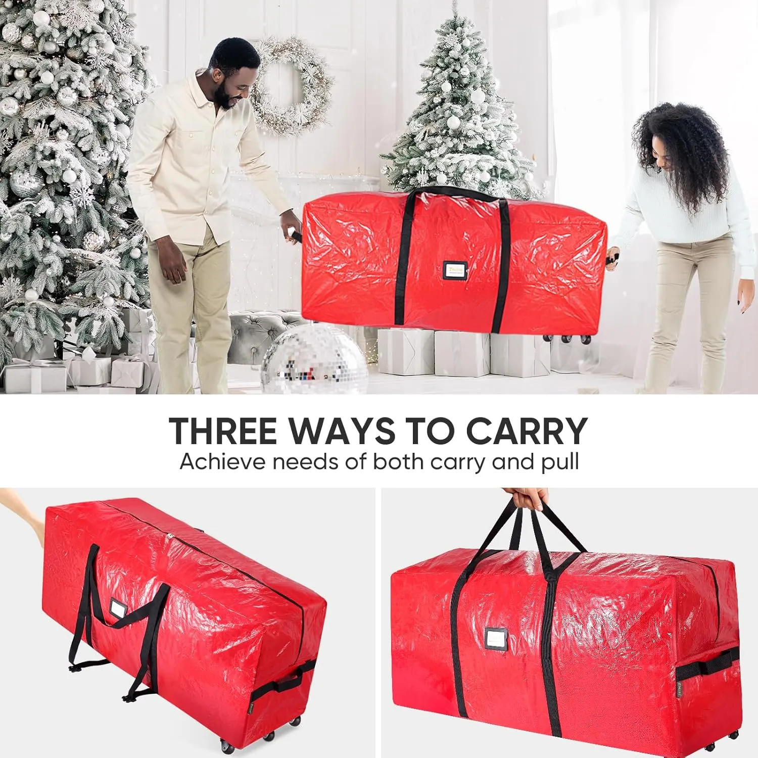 BALEINE 9 ft Rolling Christmas Tree Storage Bag, 3 Swivel Wheels for Easy Moving, Heavy Duty Extra Large Artificial Christmas Tree Bag with Reinforced Carry Handles and Fixed Buckle (Black)