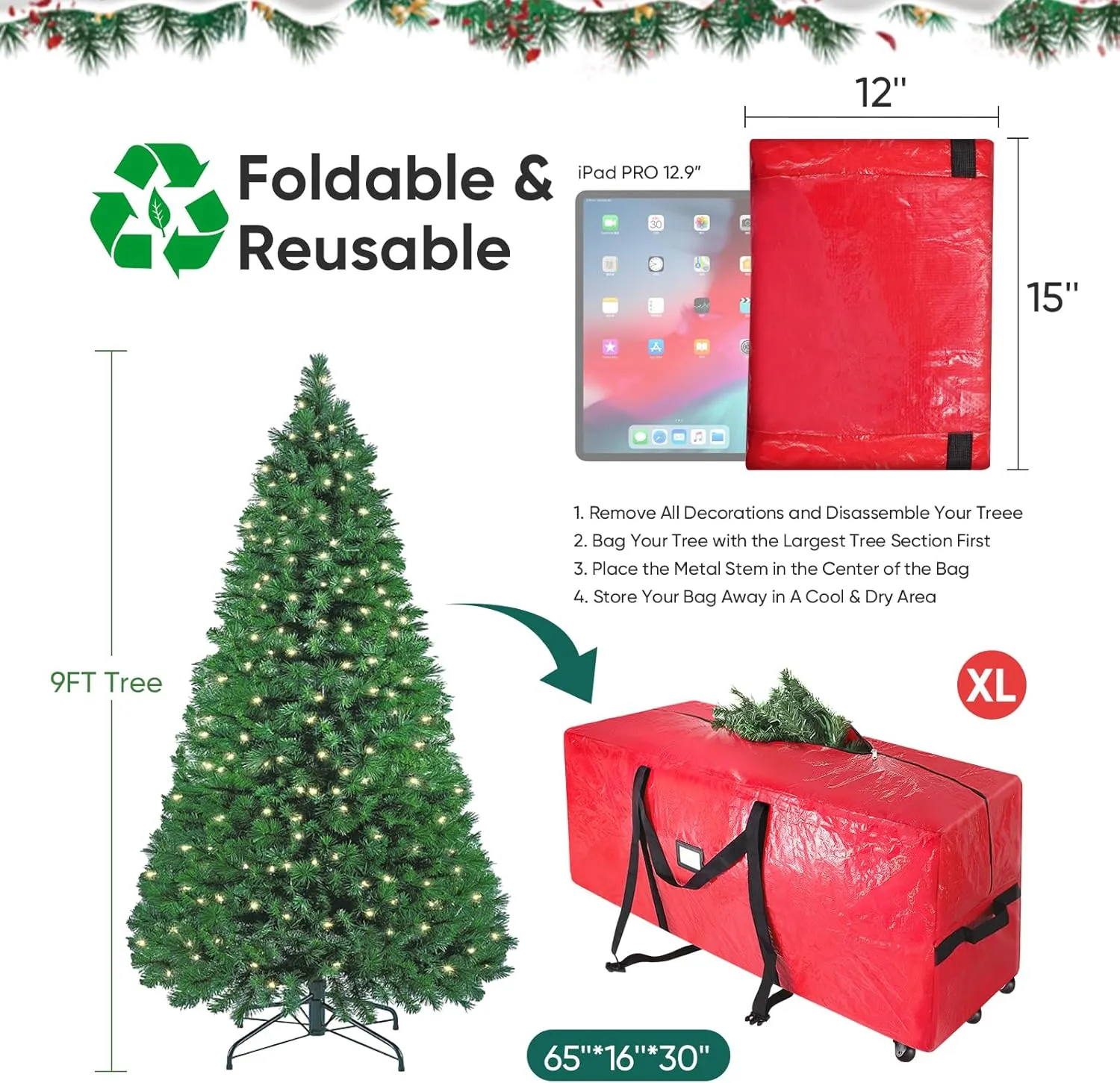 BALEINE 9 ft Rolling Christmas Tree Storage Bag, 3 Swivel Wheels for Easy Moving, Heavy Duty Extra Large Artificial Christmas Tree Bag with Reinforced Carry Handles and Fixed Buckle (Grey)