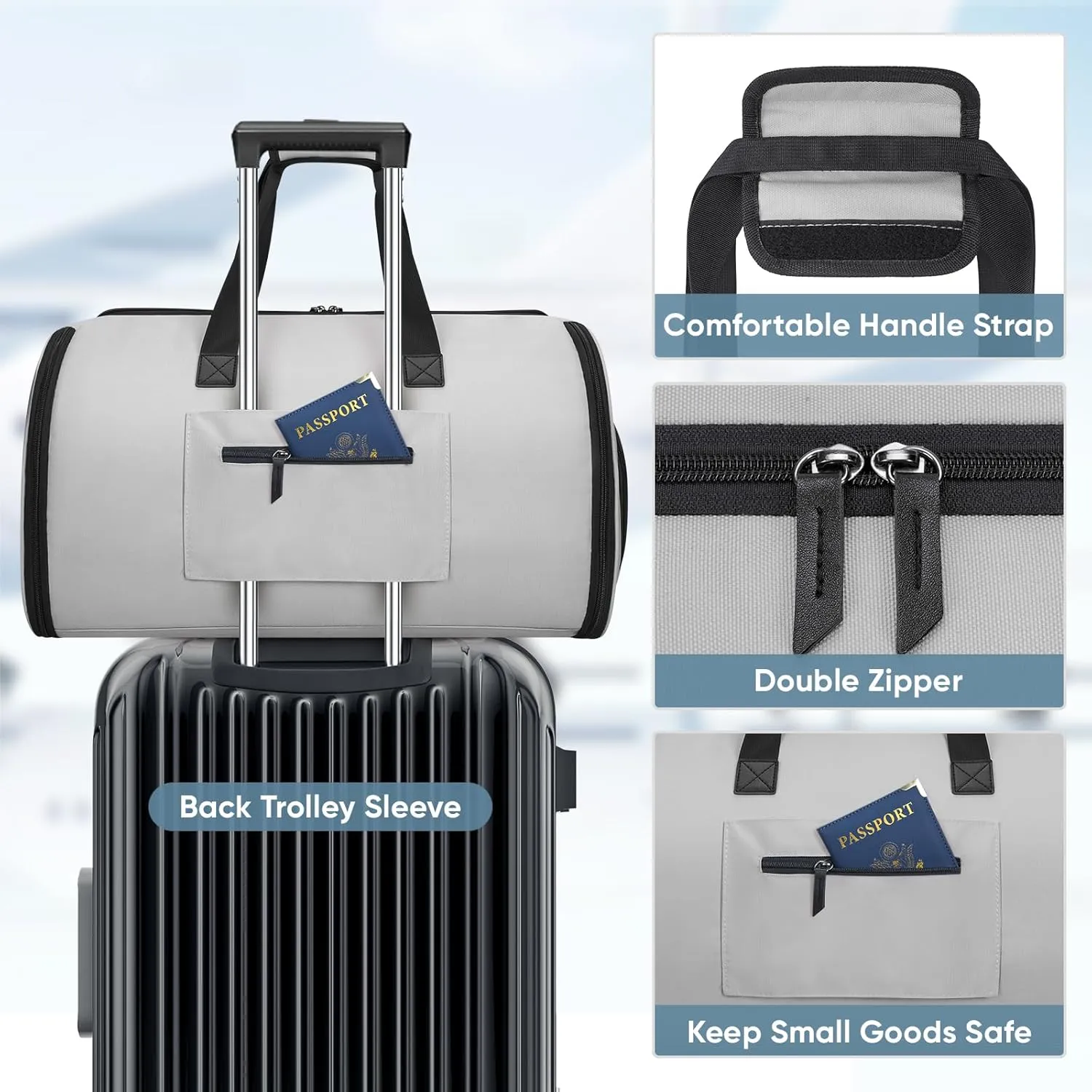 BALEINE Convertible Garment Bag with Shoe Compartment, 2 in 1 Carry on Garment Duffle Bags for Travel, Suit Bag for Men Women (Gray)