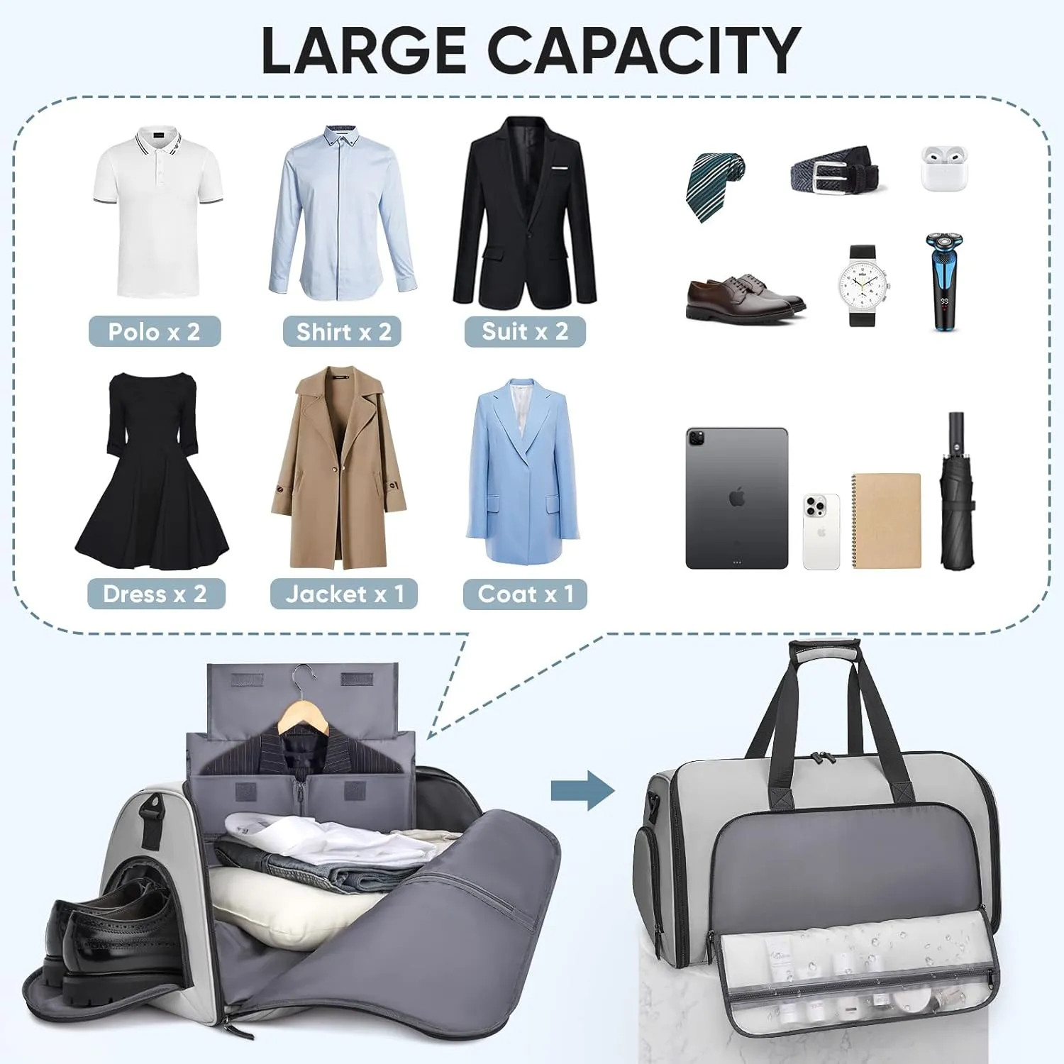 BALEINE Convertible Garment Bag with Shoe Compartment, 2 in 1 Carry on Garment Duffle Bags for Travel, Suit Bag for Men Women (Gray)
