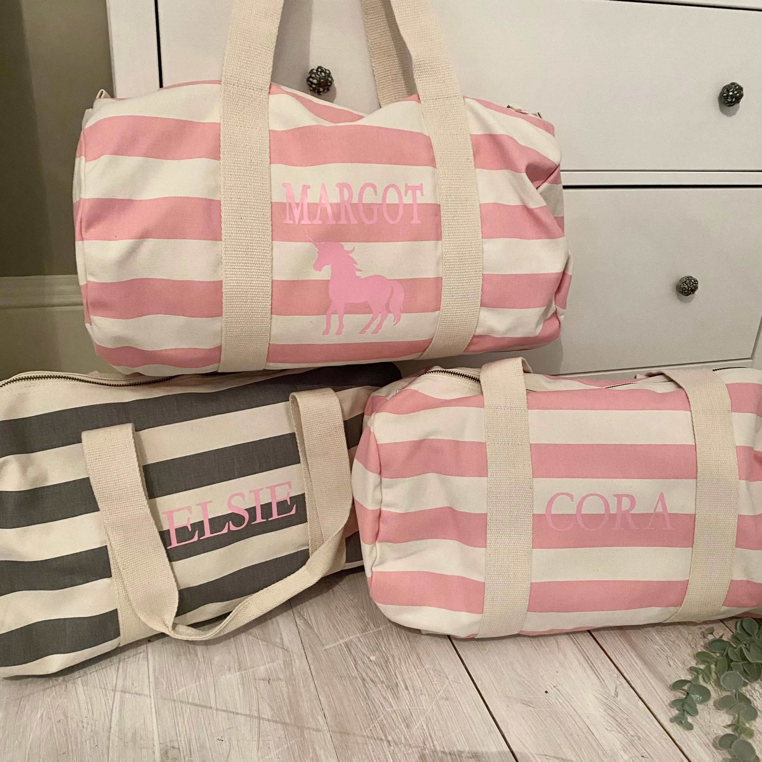 Barrel Bag Pink Stripe Name