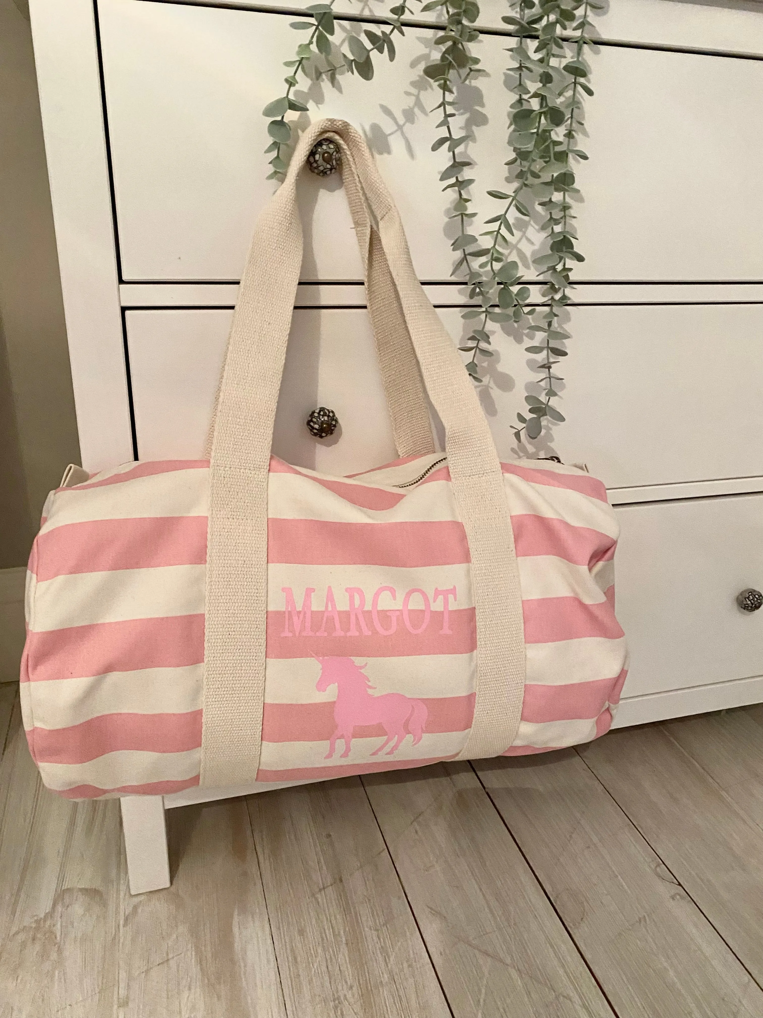 Barrel Bag Pink Stripe Name