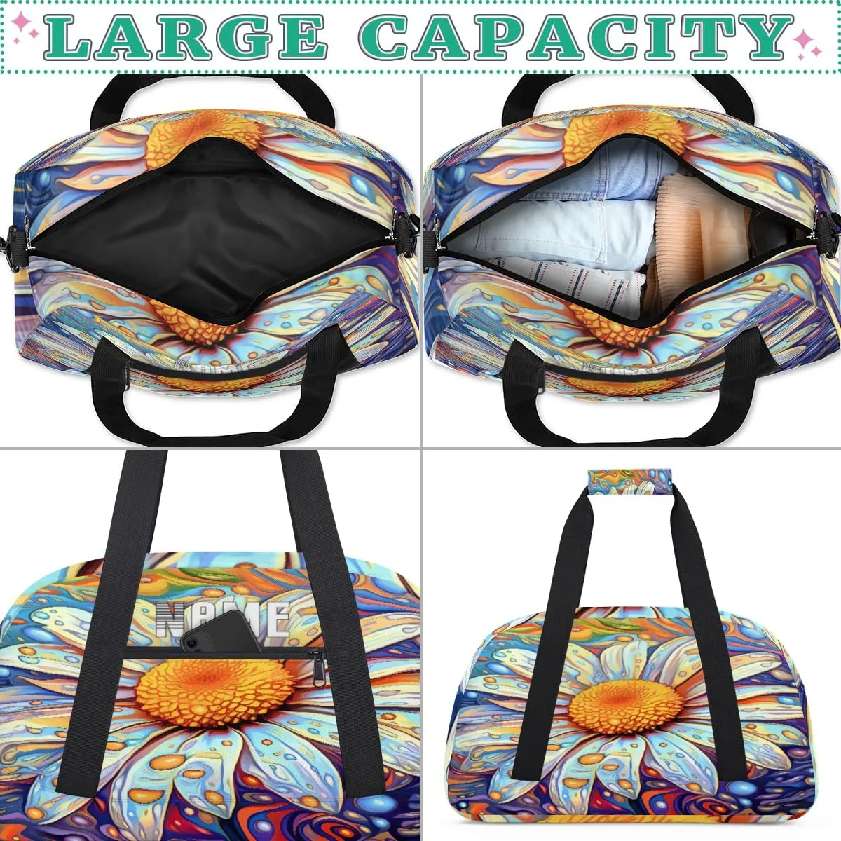 Beautiful Daisy Flower Illustration Kids Overnight Bags Personalized Weekender Travel Duffle Bag for Teens,Boys Gym Carry On Maletas Para Niños,Customized Gymnastics Dance Ballet Tote for Girls