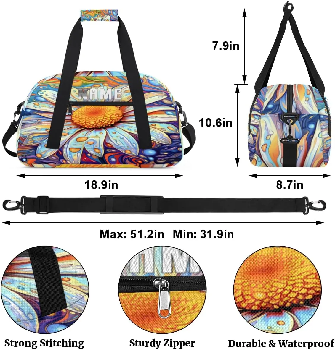 Beautiful Daisy Flower Illustration Kids Overnight Bags Personalized Weekender Travel Duffle Bag for Teens,Boys Gym Carry On Maletas Para Niños,Customized Gymnastics Dance Ballet Tote for Girls