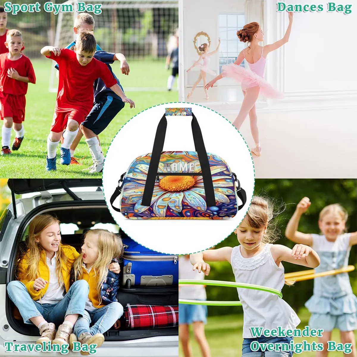 Beautiful Daisy Flower Illustration Kids Overnight Bags Personalized Weekender Travel Duffle Bag for Teens,Boys Gym Carry On Maletas Para Niños,Customized Gymnastics Dance Ballet Tote for Girls